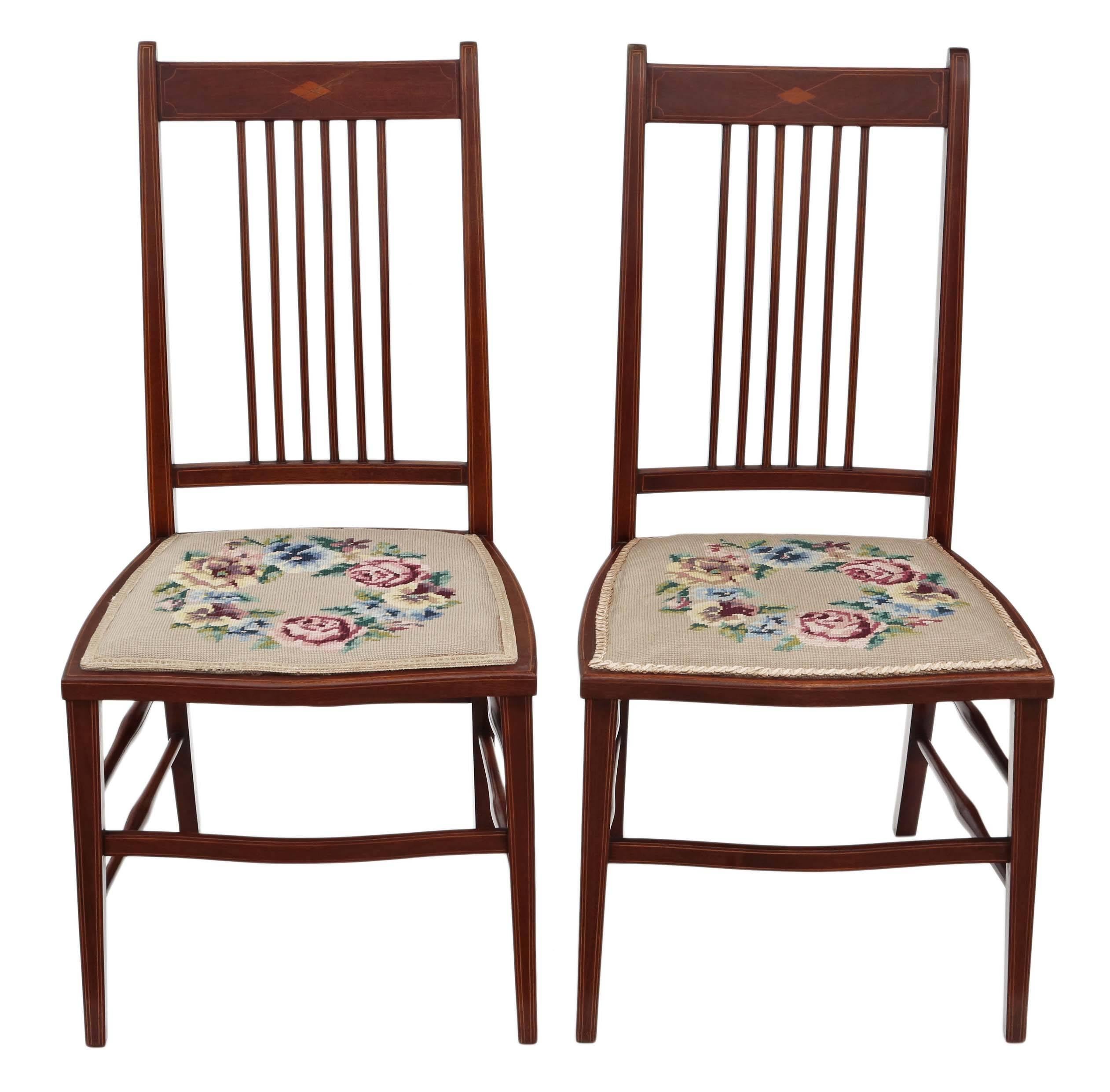 Antique Pair of Edwardian Needlepoint Mahogany Chairs Bedroom Side Hall For Sale