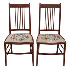 Antique Pair of Edwardian Needlepoint Mahogany Chairs Bedroom Side Hall