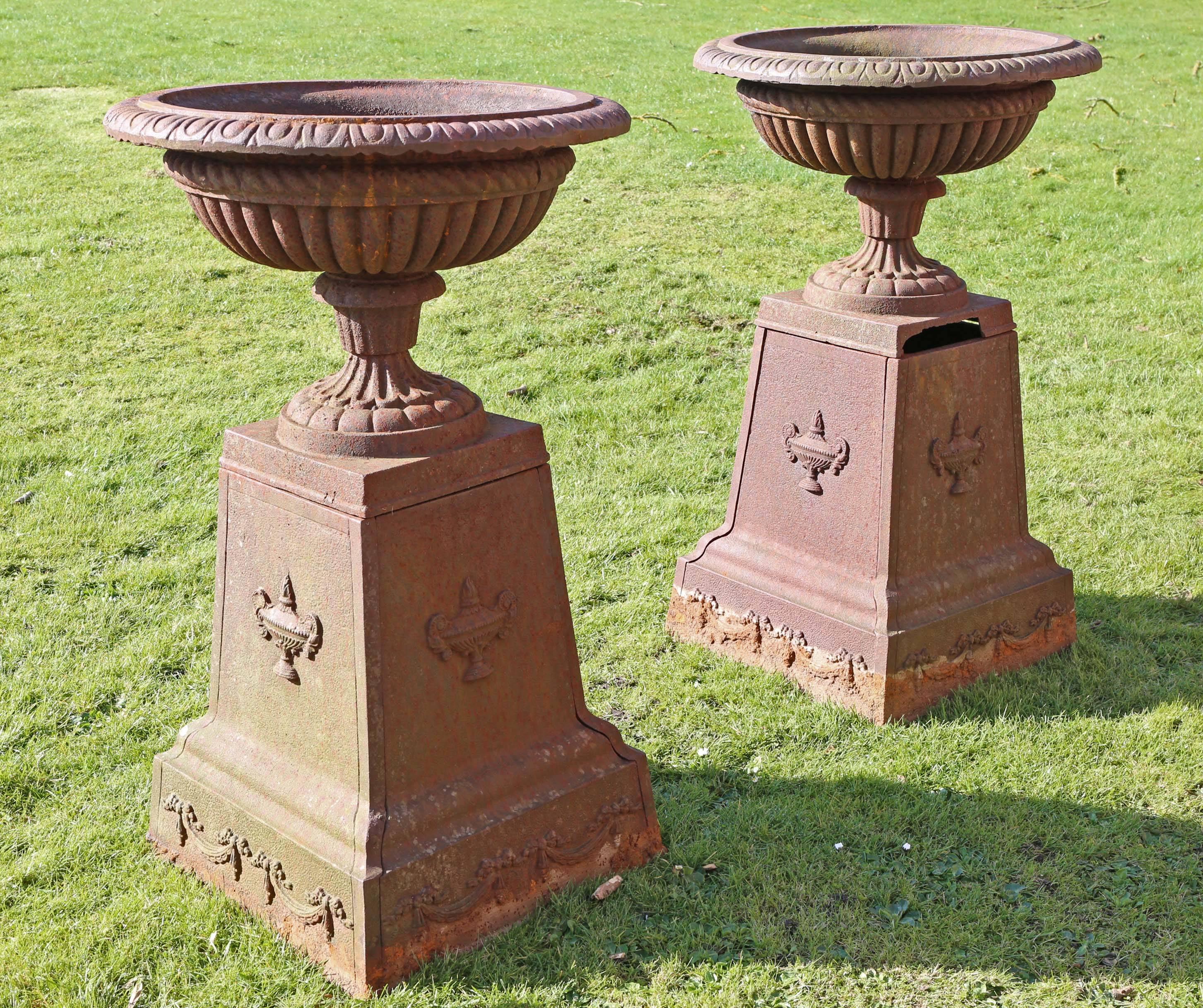 Large Antique Pair of Victorian Cast Iron Planters Classical Urns on Plinths In Good Condition For Sale In Wisbech, Walton Wisbech