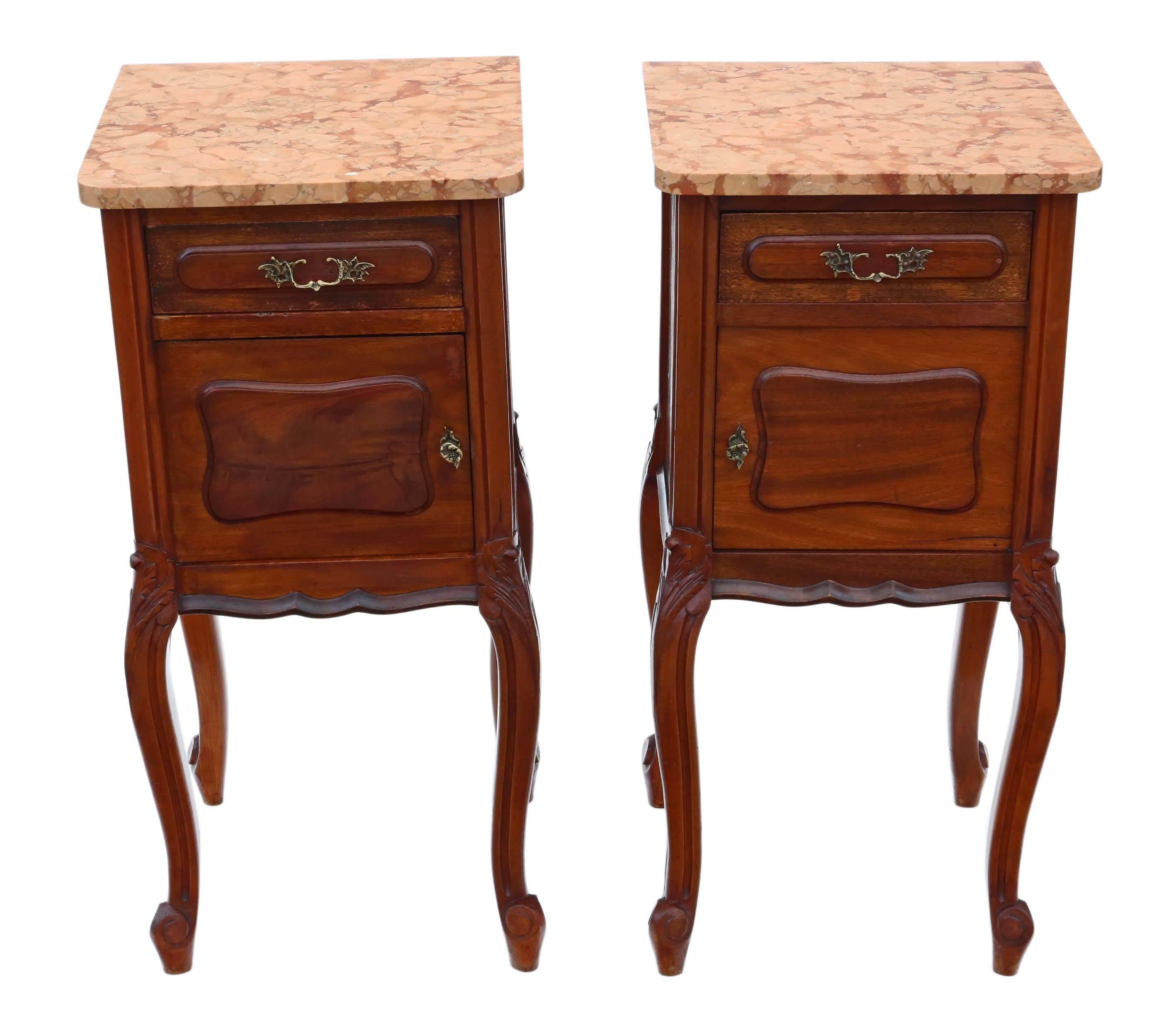 Antique pair of French walnut bedside tables, cupboards or cabinets with unfixed (as is usual) marble tops, circa 1920.

Lovely, full of age, charm and character.

No woodworm, the drawers and doors (working catches) open as they