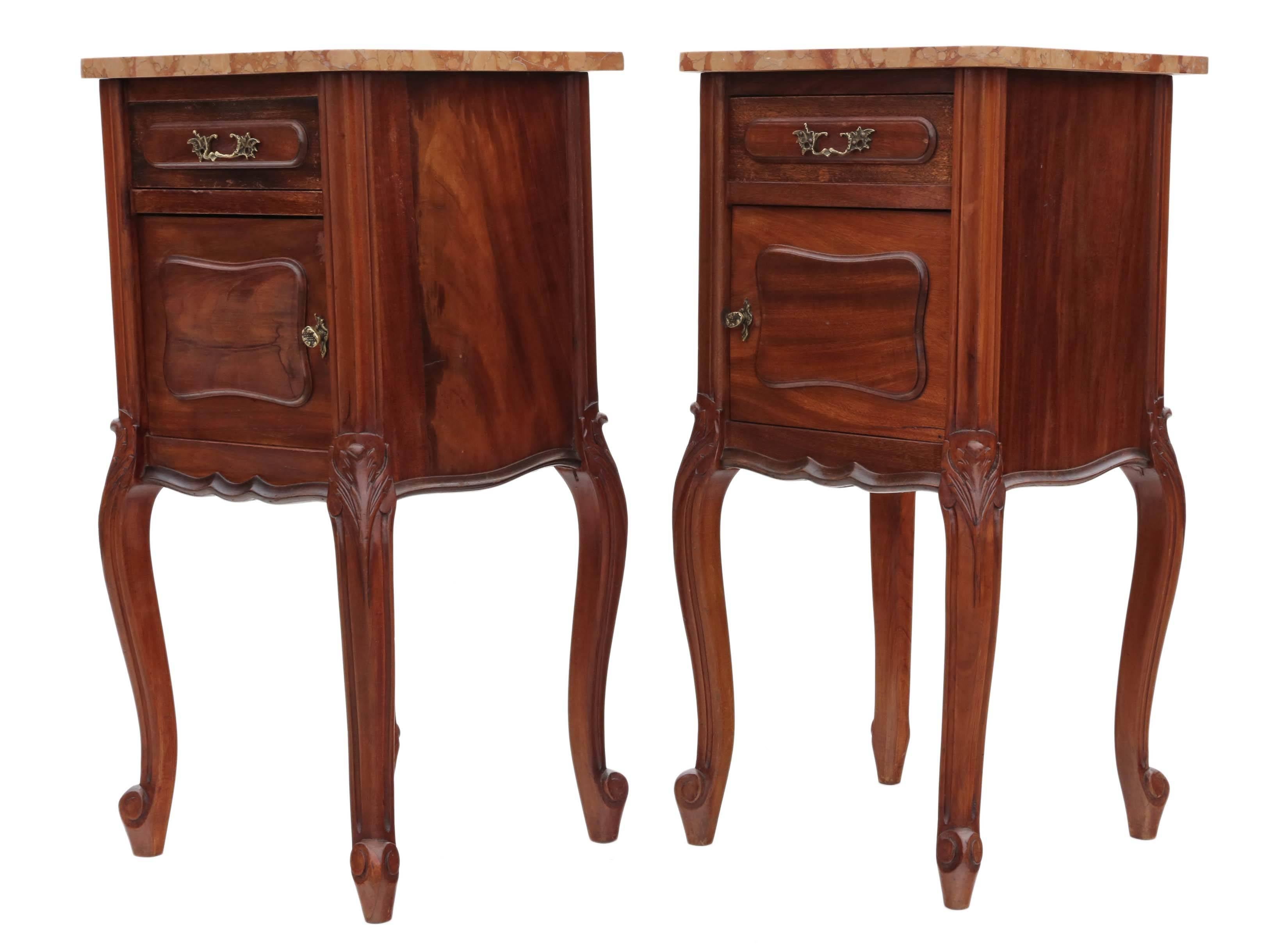 Antique Pair of French Walnut Marble Bedside Tables Cupboards Cabinets For Sale 1