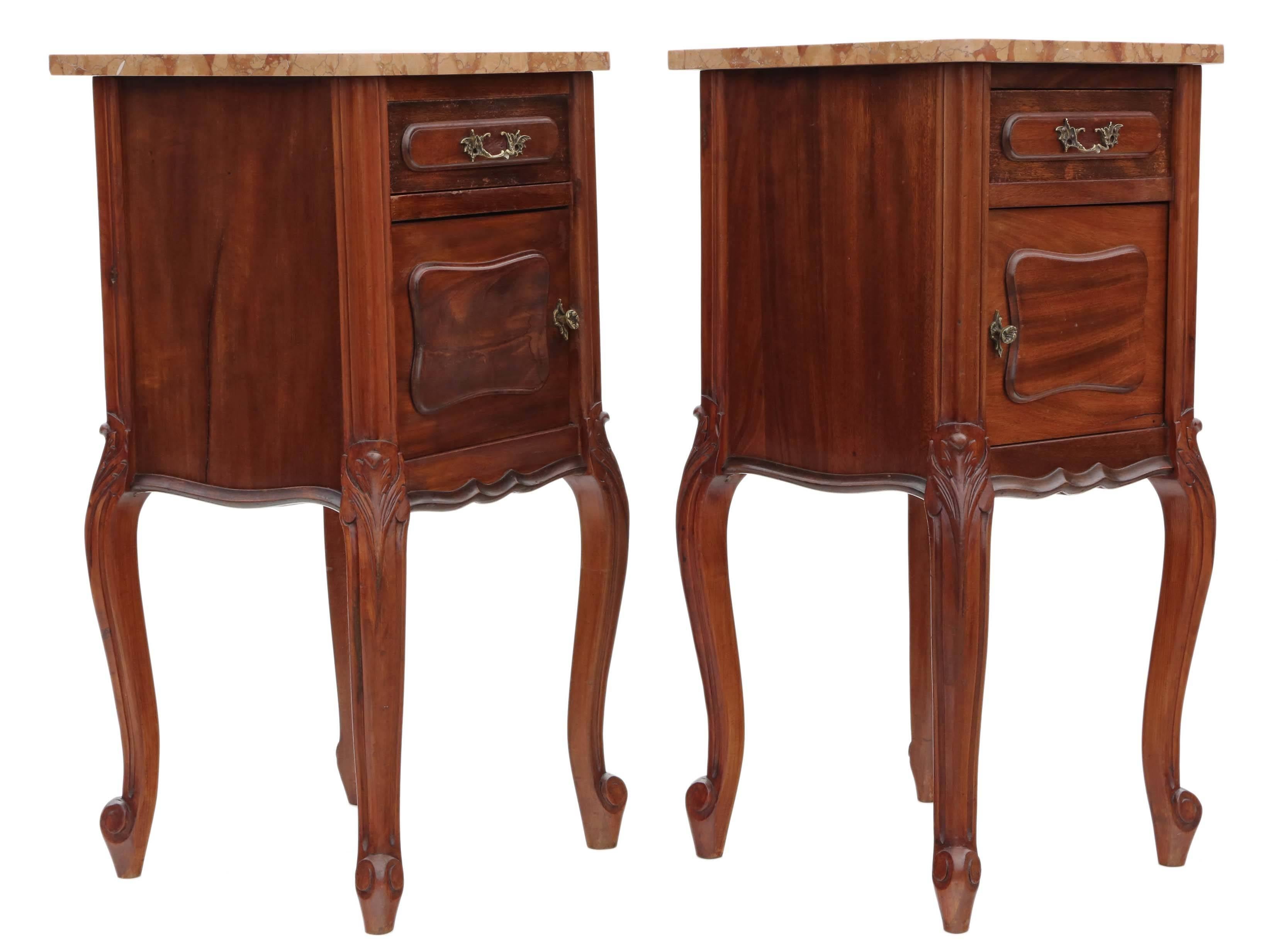 20th Century Antique Pair of French Walnut Marble Bedside Tables Cupboards Cabinets For Sale