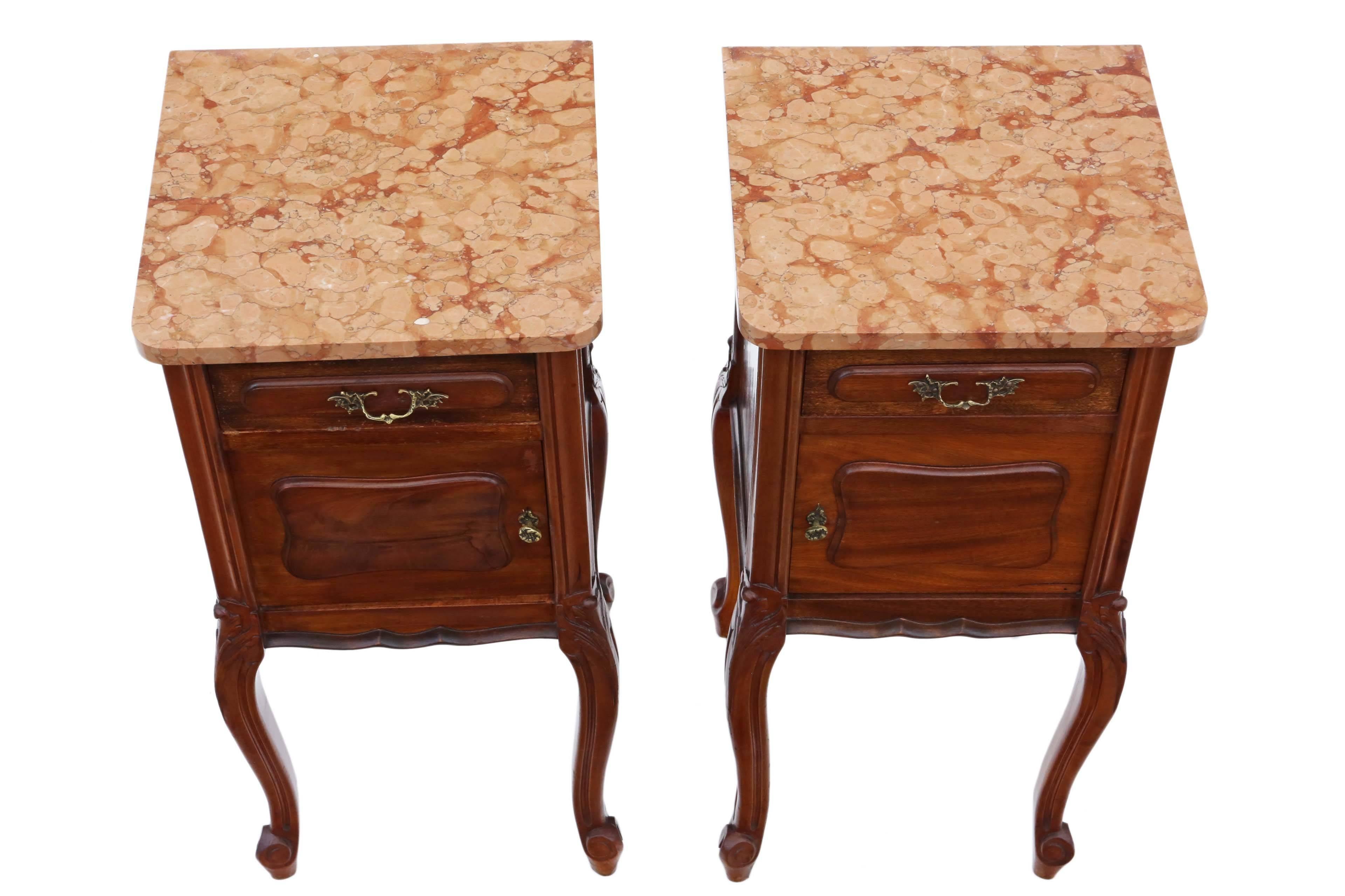 Louis Philippe Antique Pair of French Walnut Marble Bedside Tables Cupboards Cabinets For Sale