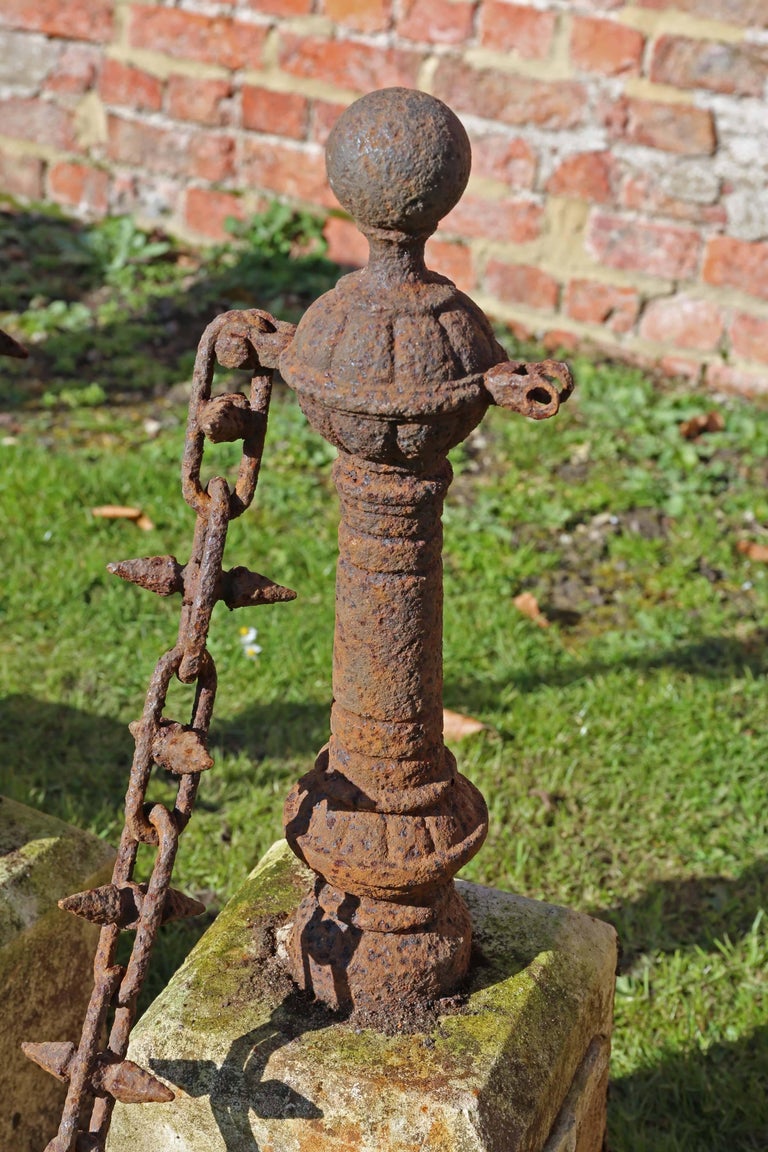Antique Set of Seven Cast Iron Bollards with Stone Bases Lawn Driveway
