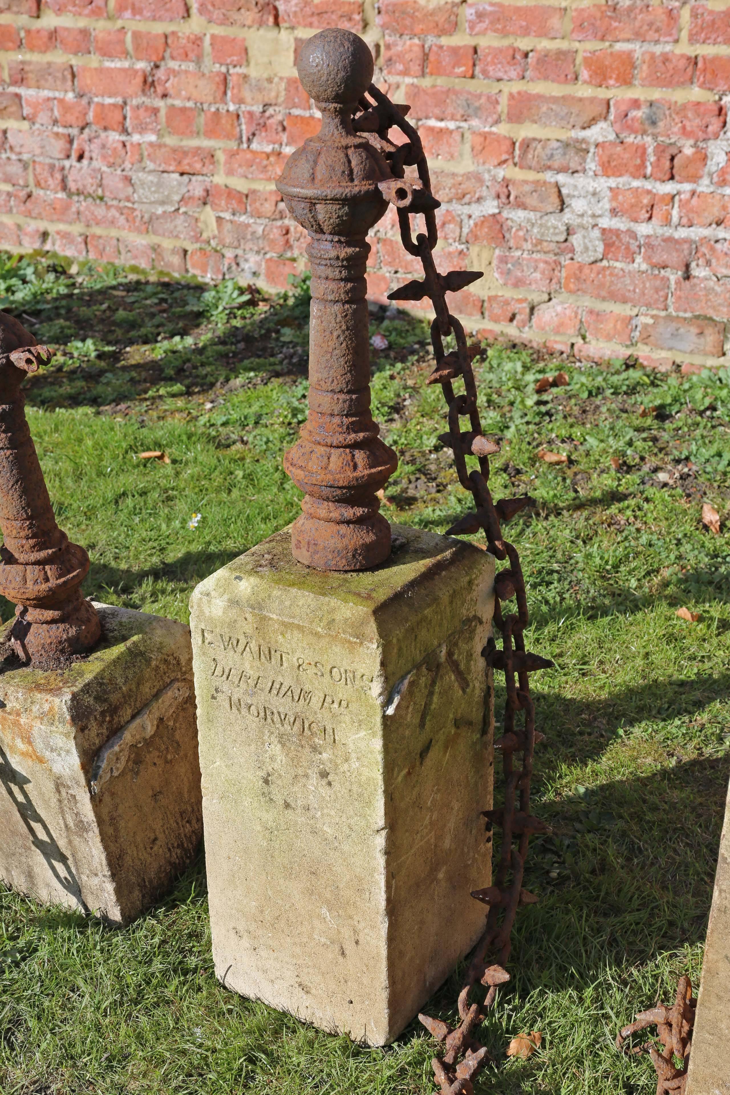 British Antique Set of Seven Cast Iron Bollards with Stone Bases Lawn Driveway Edging For Sale