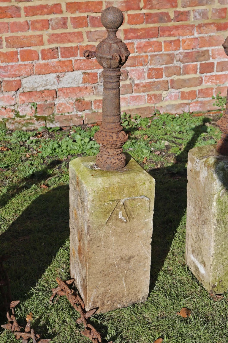 Antique Set of Seven Cast Iron Bollards with Stone Bases Lawn Driveway