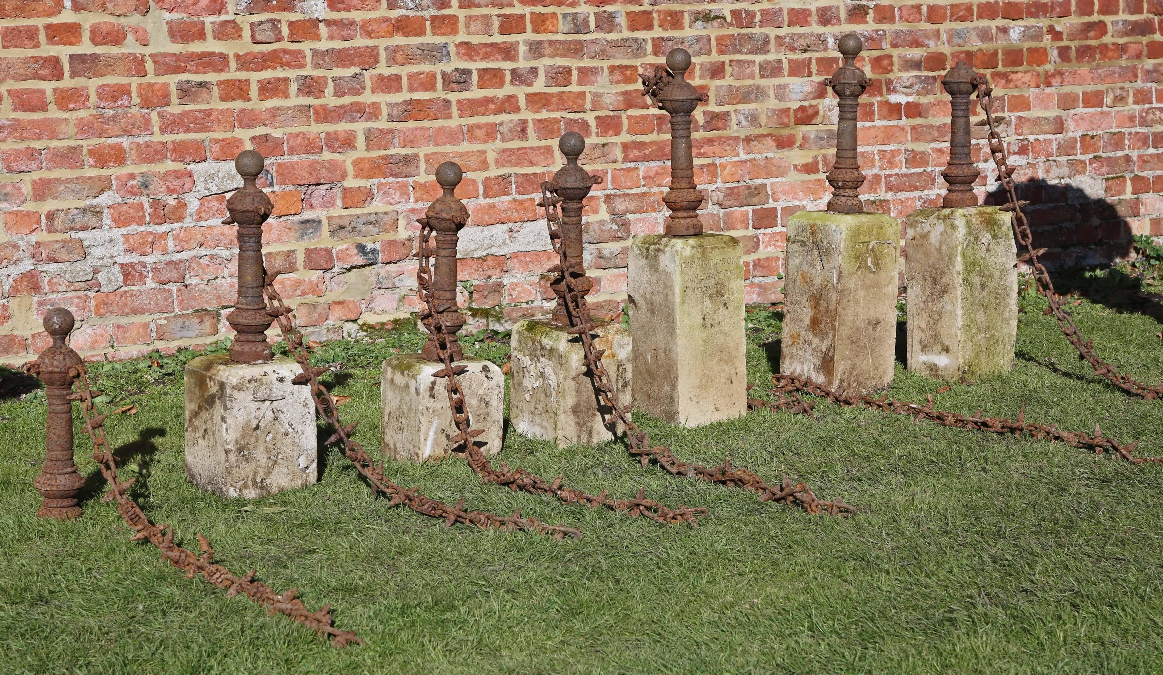 Edwardian Antique Set of Seven Cast Iron Bollards with Stone Bases Lawn Driveway Edging For Sale