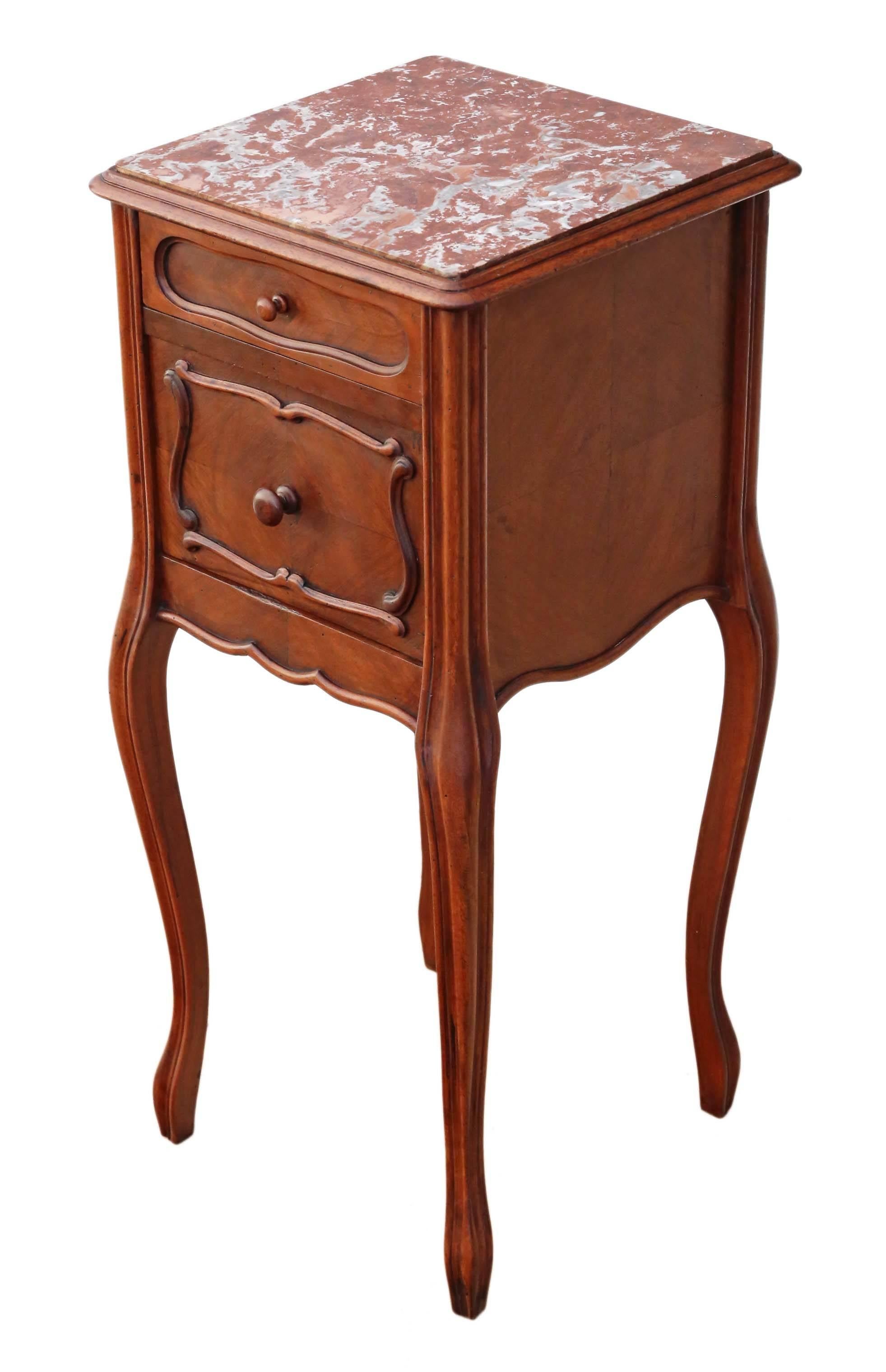 Antique French Walnut Marble Bedside Table Cupboard Cabinet For Sale 1
