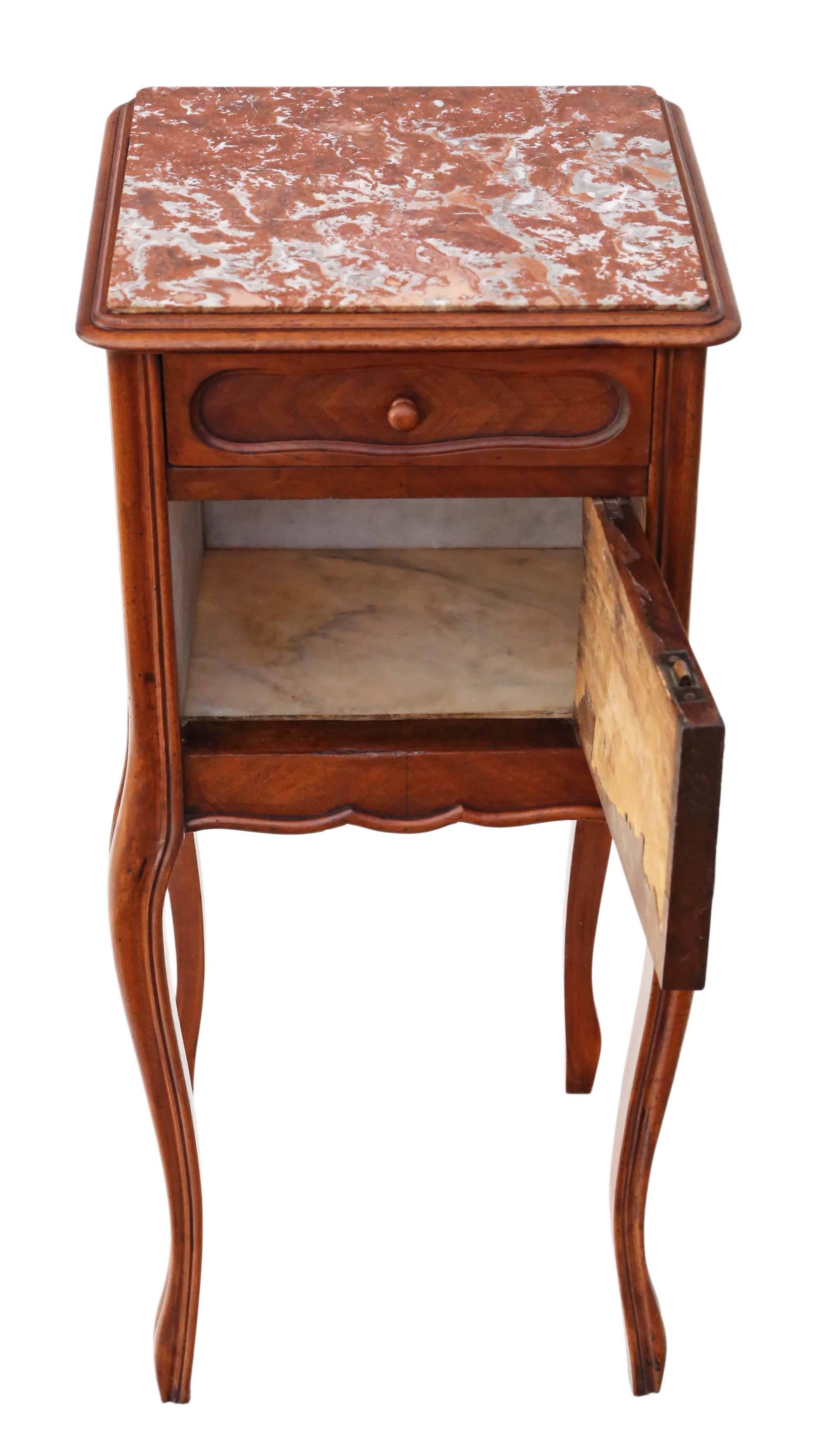 Louis Philippe Antique French Walnut Marble Bedside Table Cupboard Cabinet For Sale