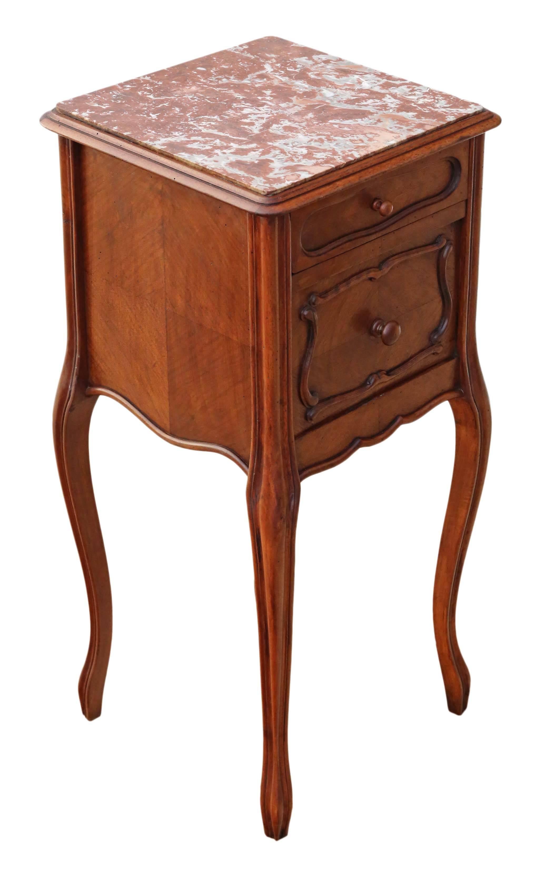 20th Century Antique French Walnut Marble Bedside Table Cupboard Cabinet For Sale