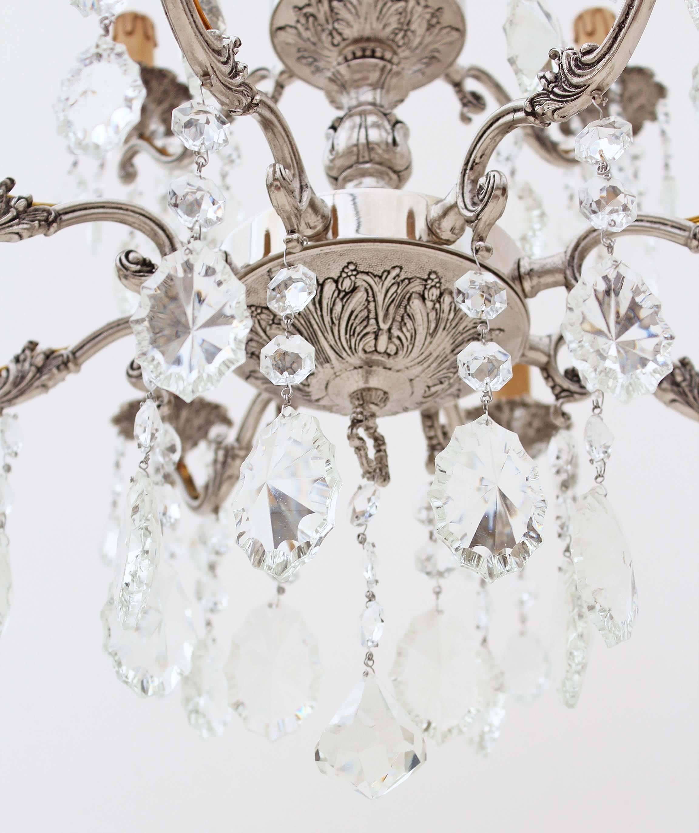 Antique Twelve-Lamp Silver on Brass Crystal Chandelier For Sale 3