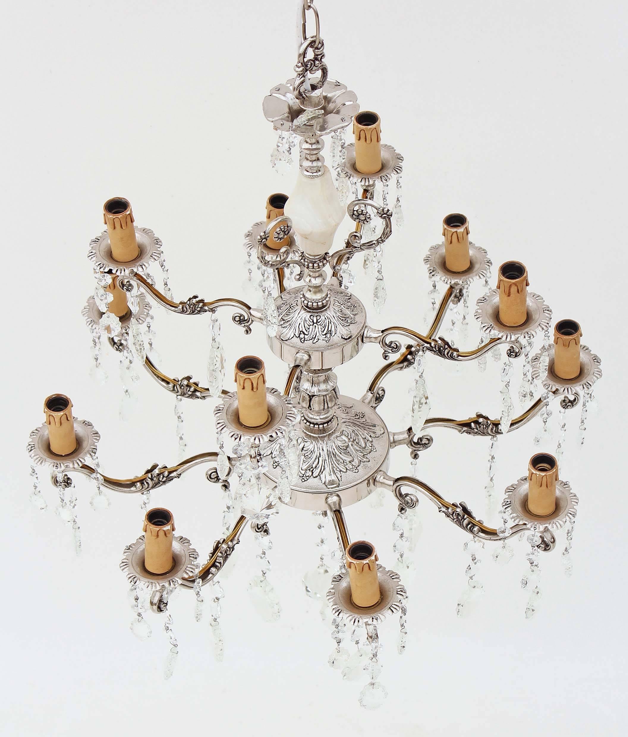British Antique Twelve-Lamp Silver on Brass Crystal Chandelier For Sale