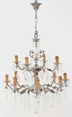 Antique Twelve-Lamp Silver on Brass Crystal Chandelier