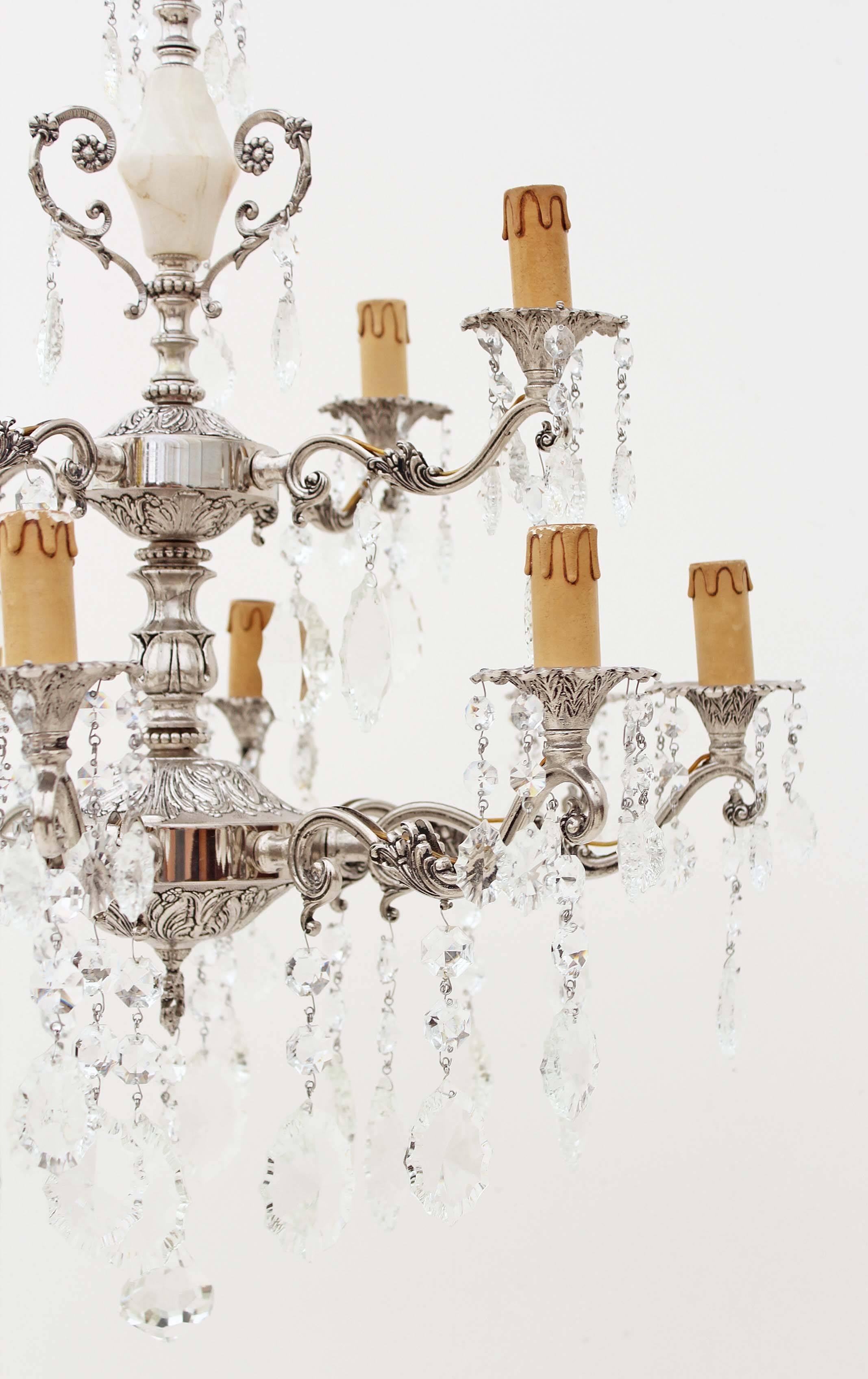 Antique Twelve-Lamp Silver on Brass Crystal Chandelier For Sale 2