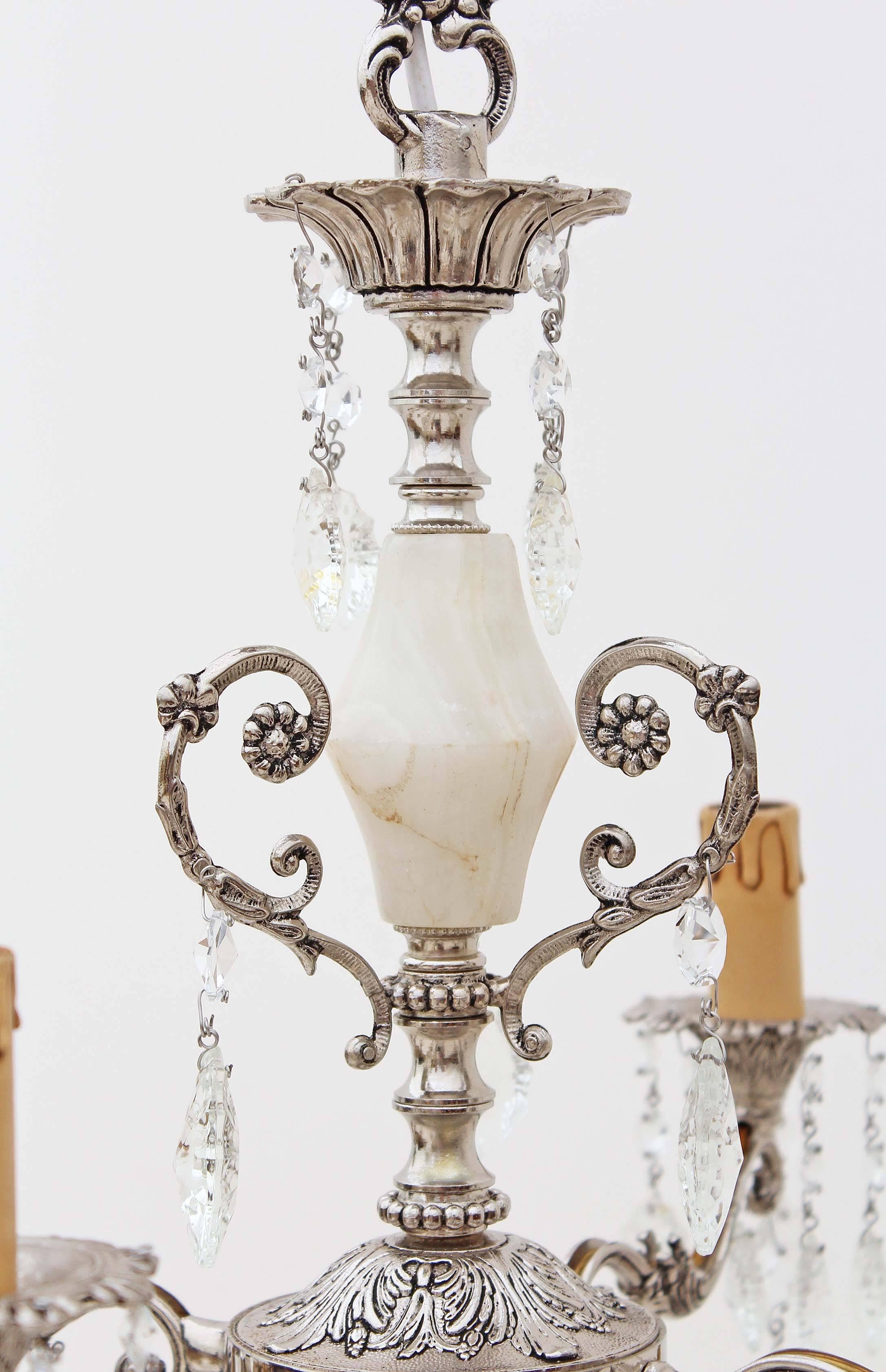 Mid-20th Century Antique Twelve-Lamp Silver on Brass Crystal Chandelier For Sale