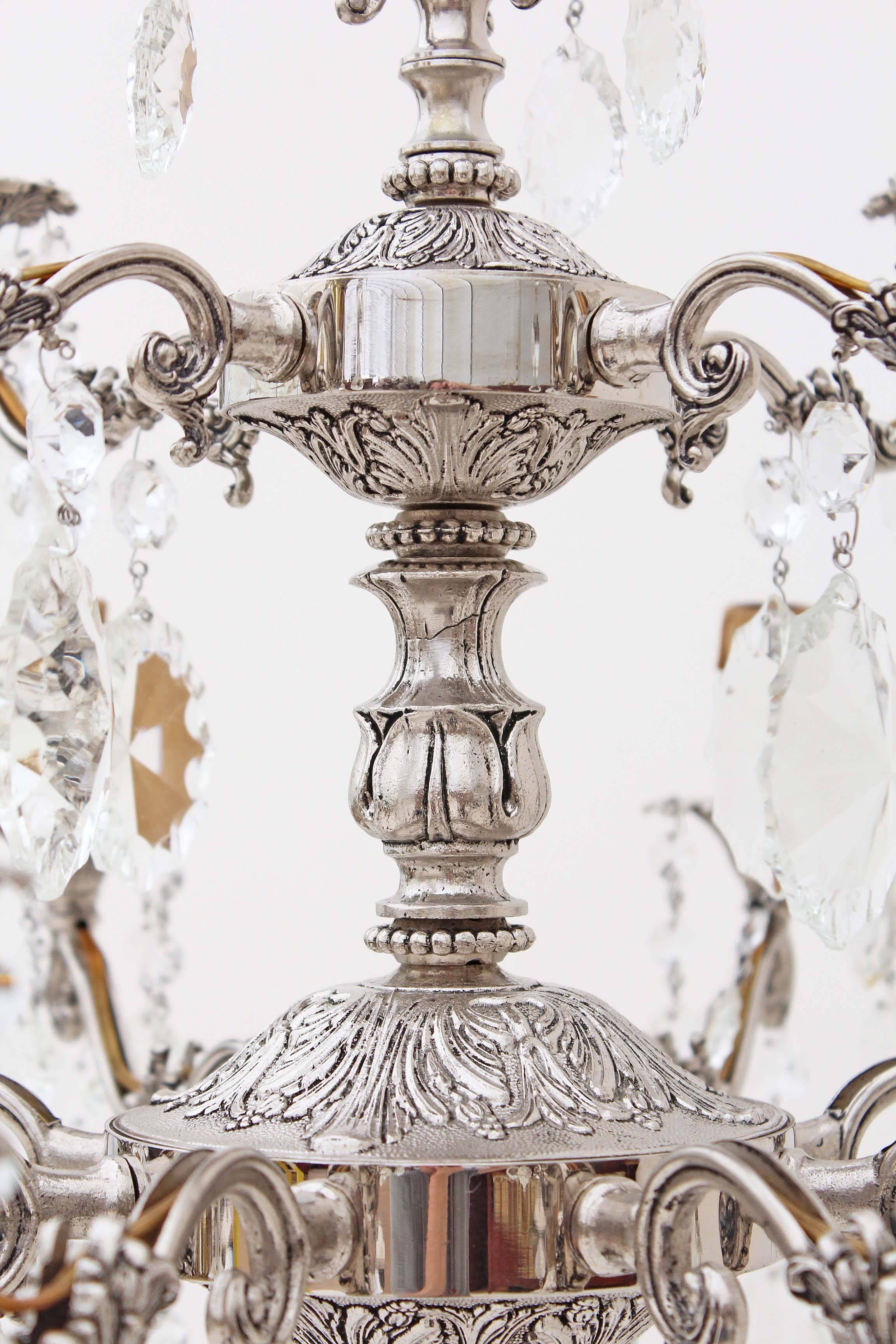 Antique Twelve-Lamp Silver on Brass Crystal Chandelier For Sale 4
