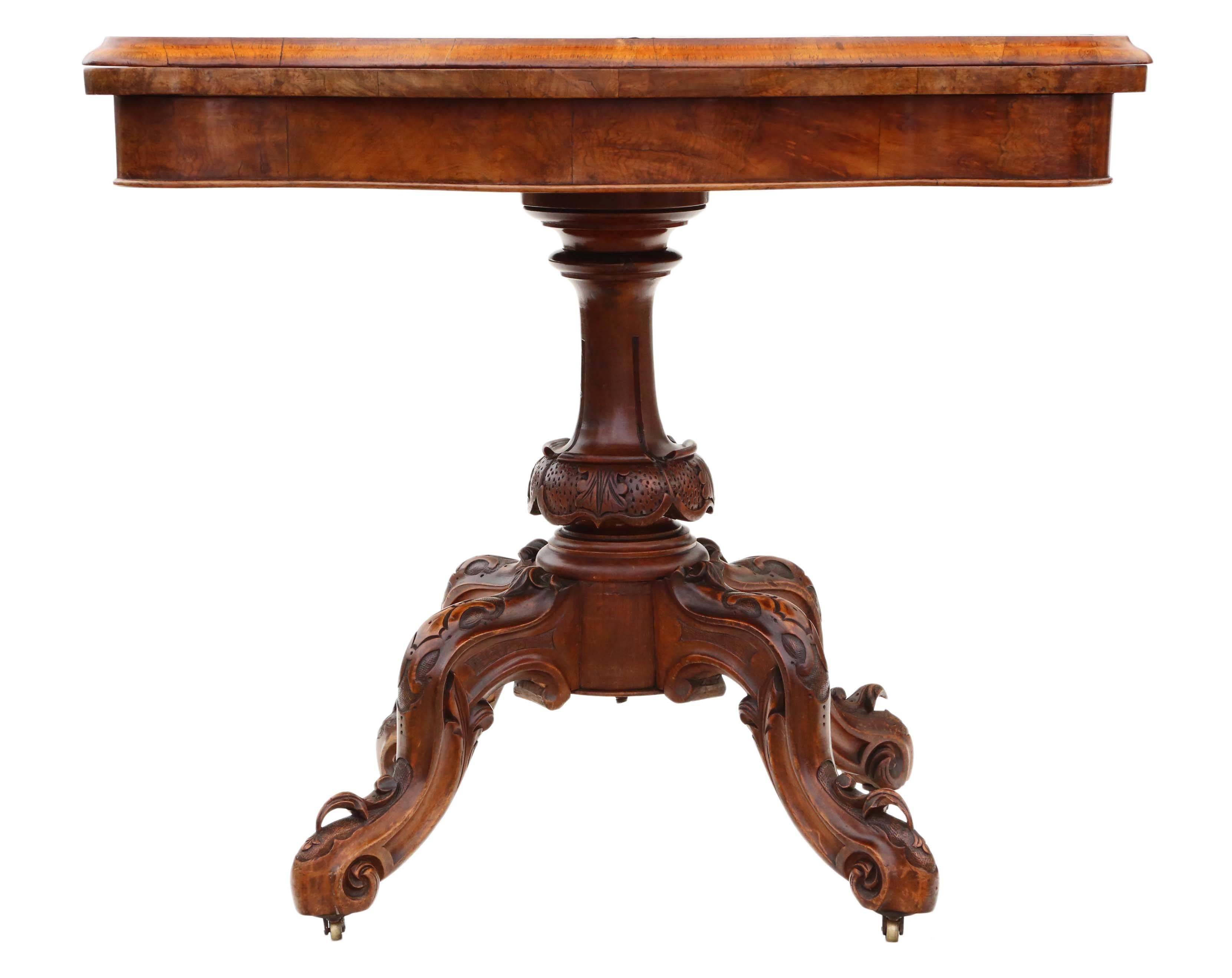 Antique quality Victorian circa 1870 burr walnut serpentine folding card table.

Solid and strong, with no loose joints. Full of age, character and charm. Attractive carved pedestal base with period brass castors. Baise is old, but in good