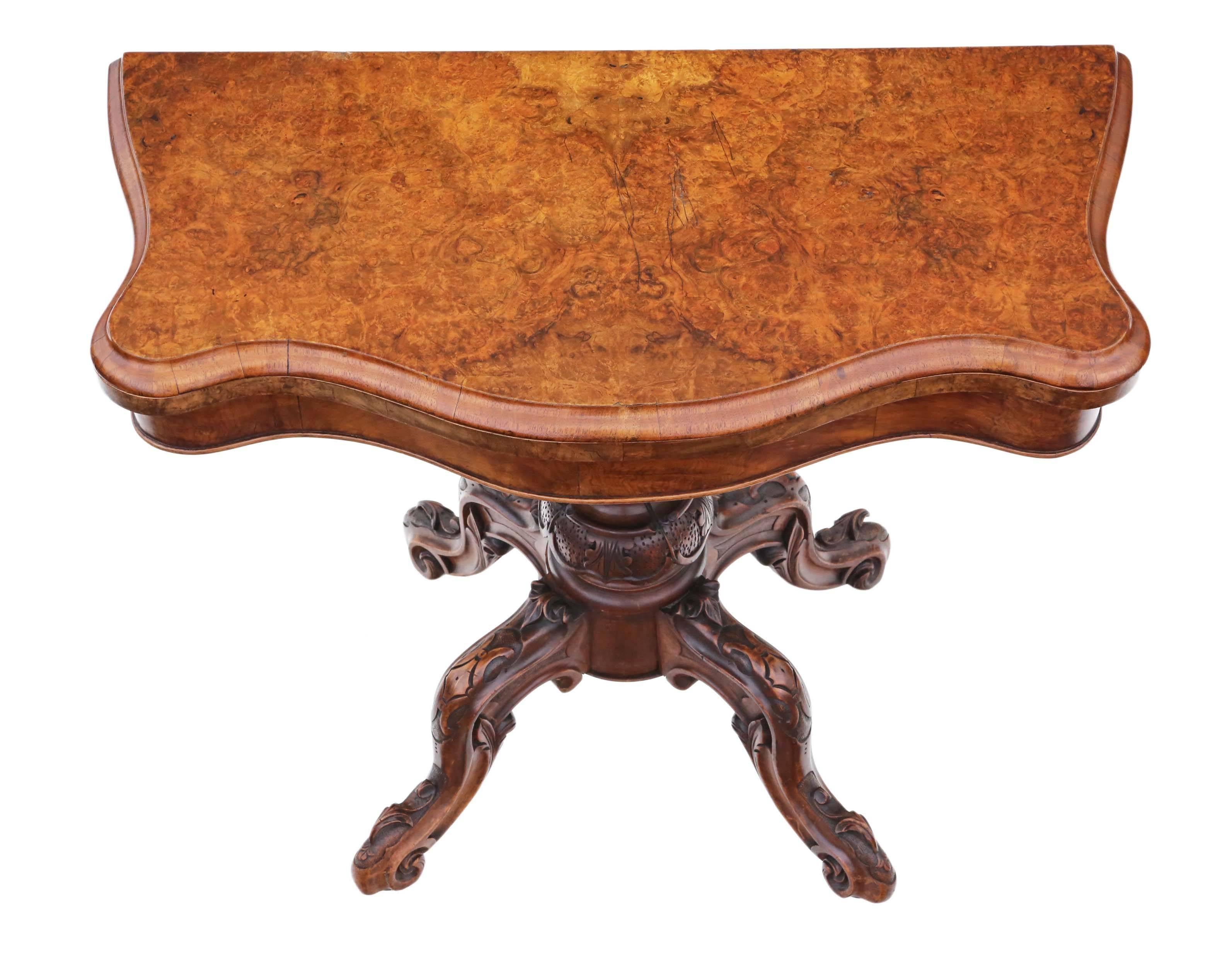 Late 19th Century Antique Quality Victorian circa 1870 Burr Walnut Serpentine Folding Card Table For Sale