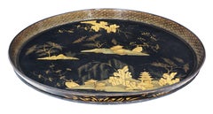 Antique Quality Victorian Chinoiserie Black Lacquer Serving Tray