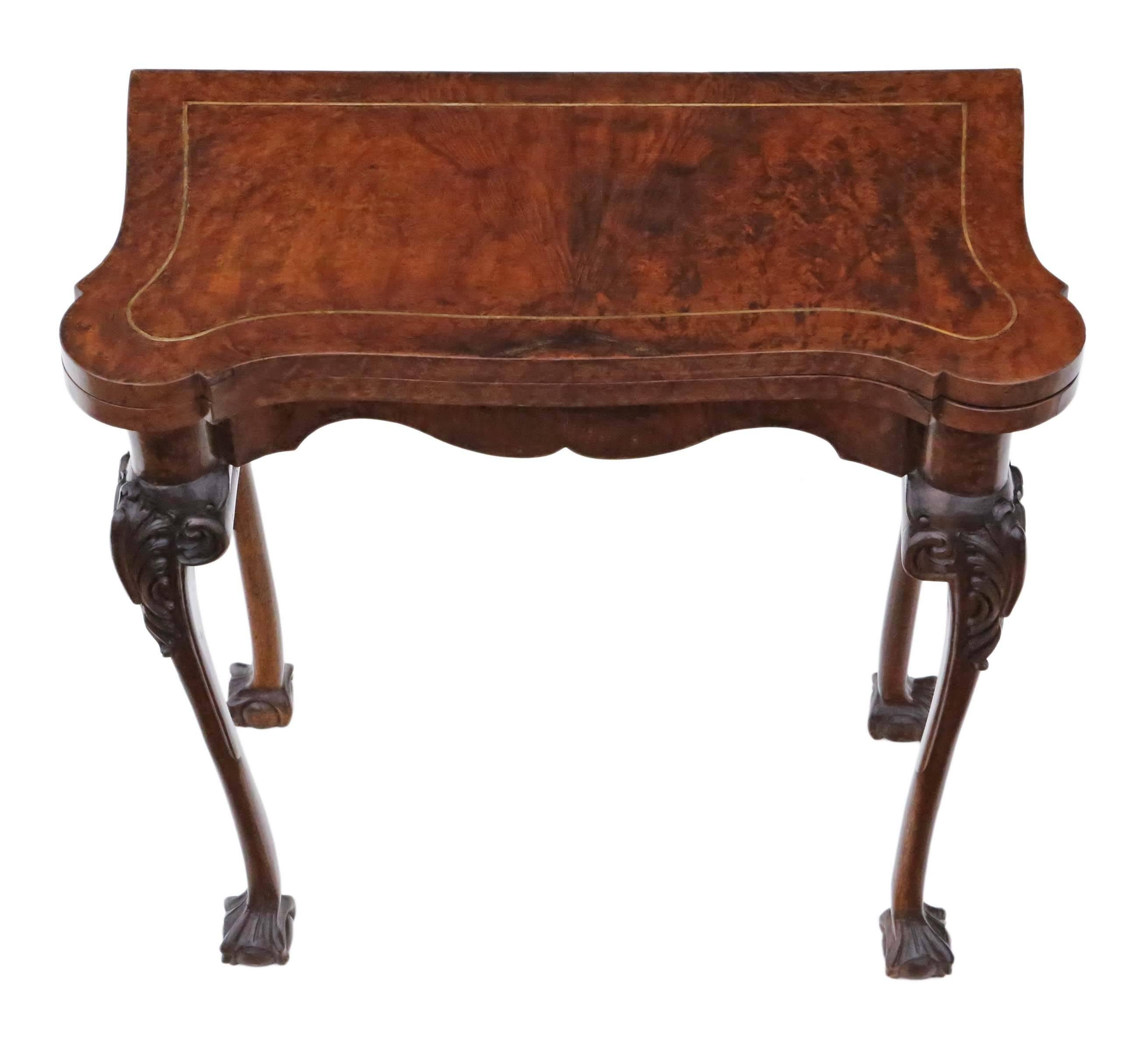 Antique Georgian revival circa 1920 burr walnut folding card or tea table. The baise is old, but has only minor wear and no major marks.

Solid and strong, with no loose joints. Full of age, character and charm. Attractive carved cabriole legs