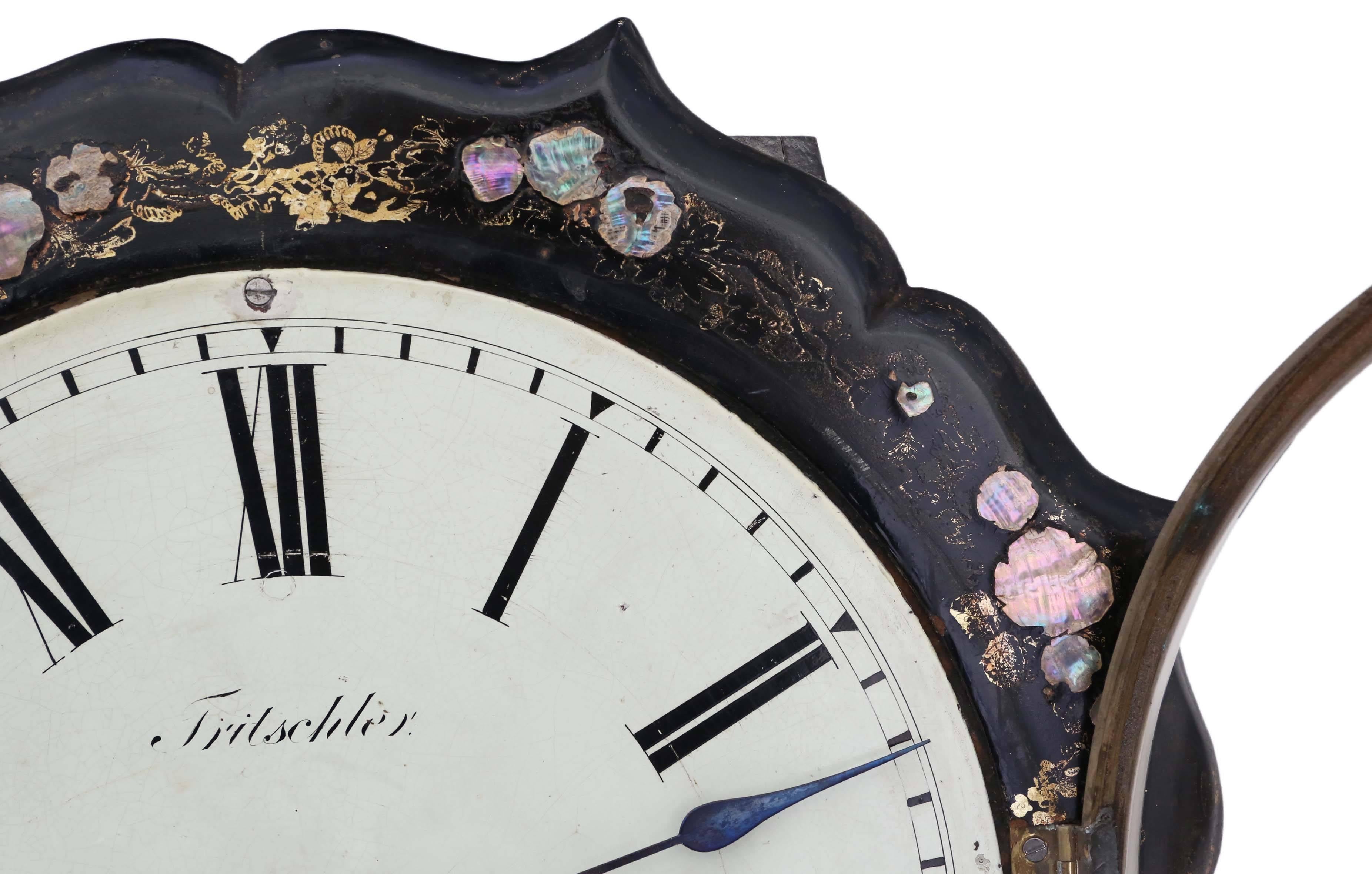 Early 20th Century Antique Rare Victorian Mother of Pearl Inlaid Single Fusee Wall Clock For Sale