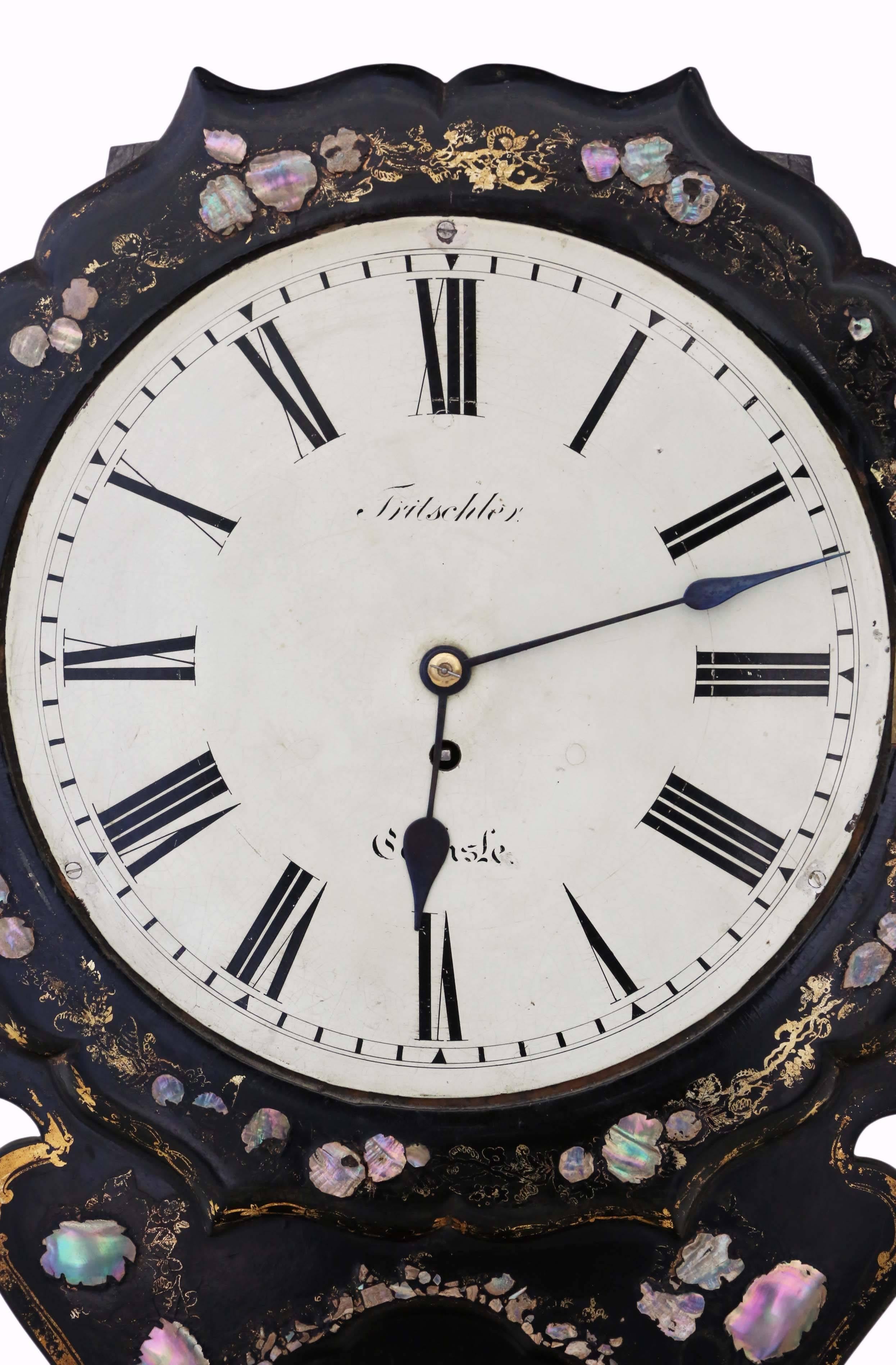 Antique rare Victorian mother-of-pearl inlaid papier mache single fusee wall clock. You will struggle to find another as good as this.

Fantastic quality decorative piece, black lacquer with amazing inlays decoration. Quality, clean single fusee 8