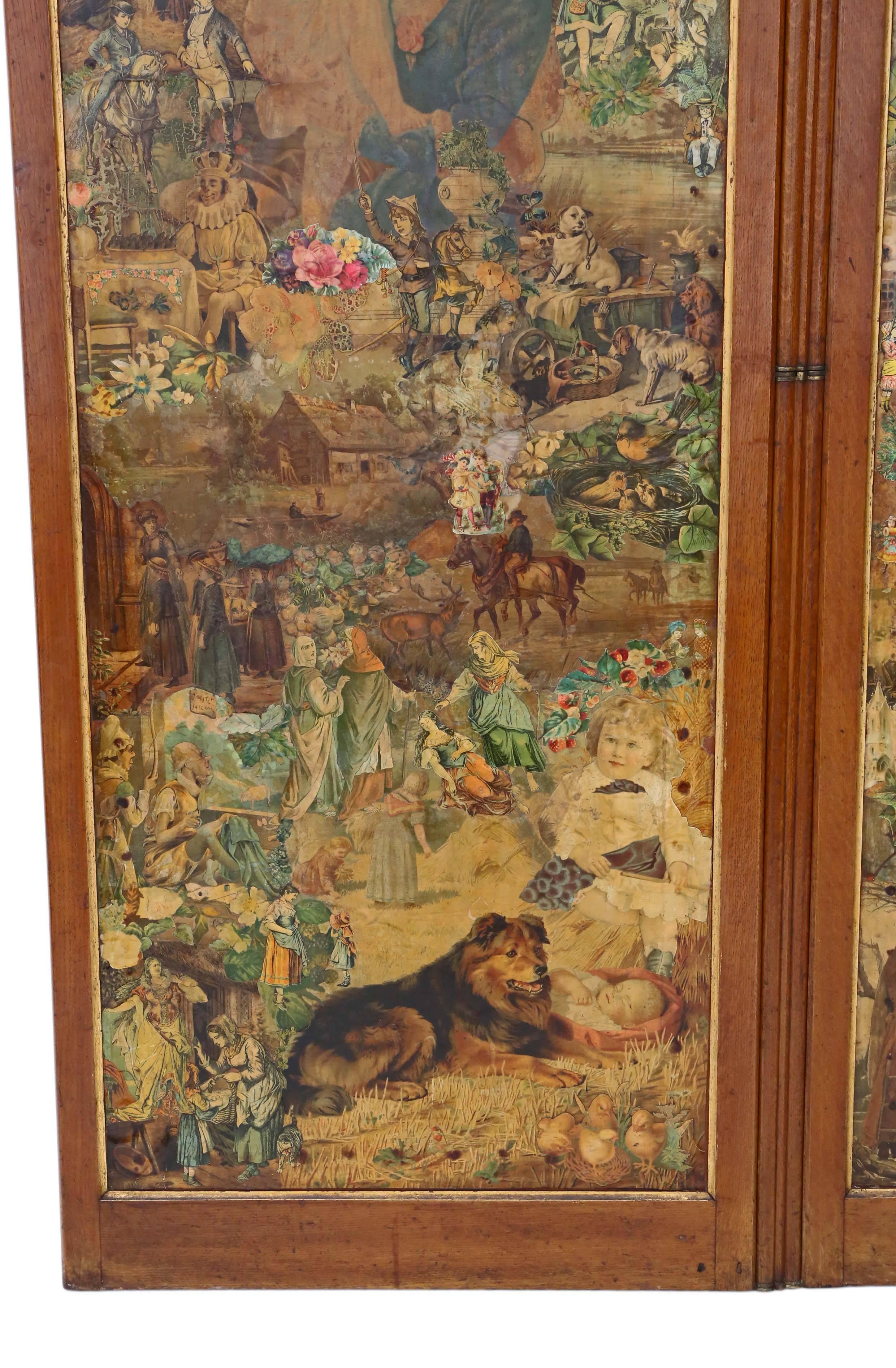 Antique Large Fine Quality Victorian Oak Decoupage Dressing Screen, circa 1880 In Good Condition For Sale In Wisbech, Walton Wisbech