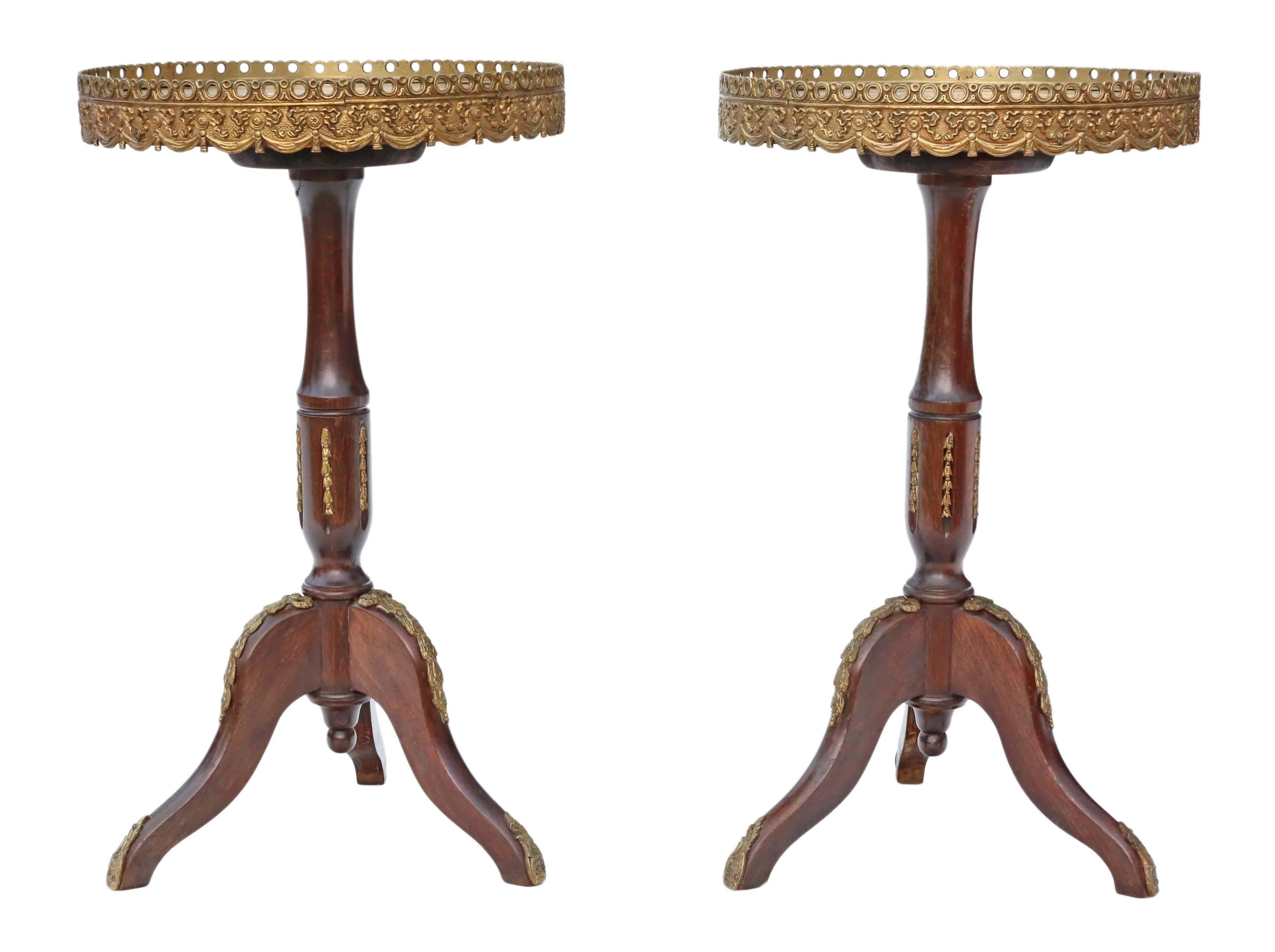 Antique pair of Georgian/Regency Revival beech and marble wine or side tables. Date from the mid-20th century.

Solid and strong with no loose joints. Full of age, character and charm. Very decorative with loads of ormolu (gold on brass/bronze)