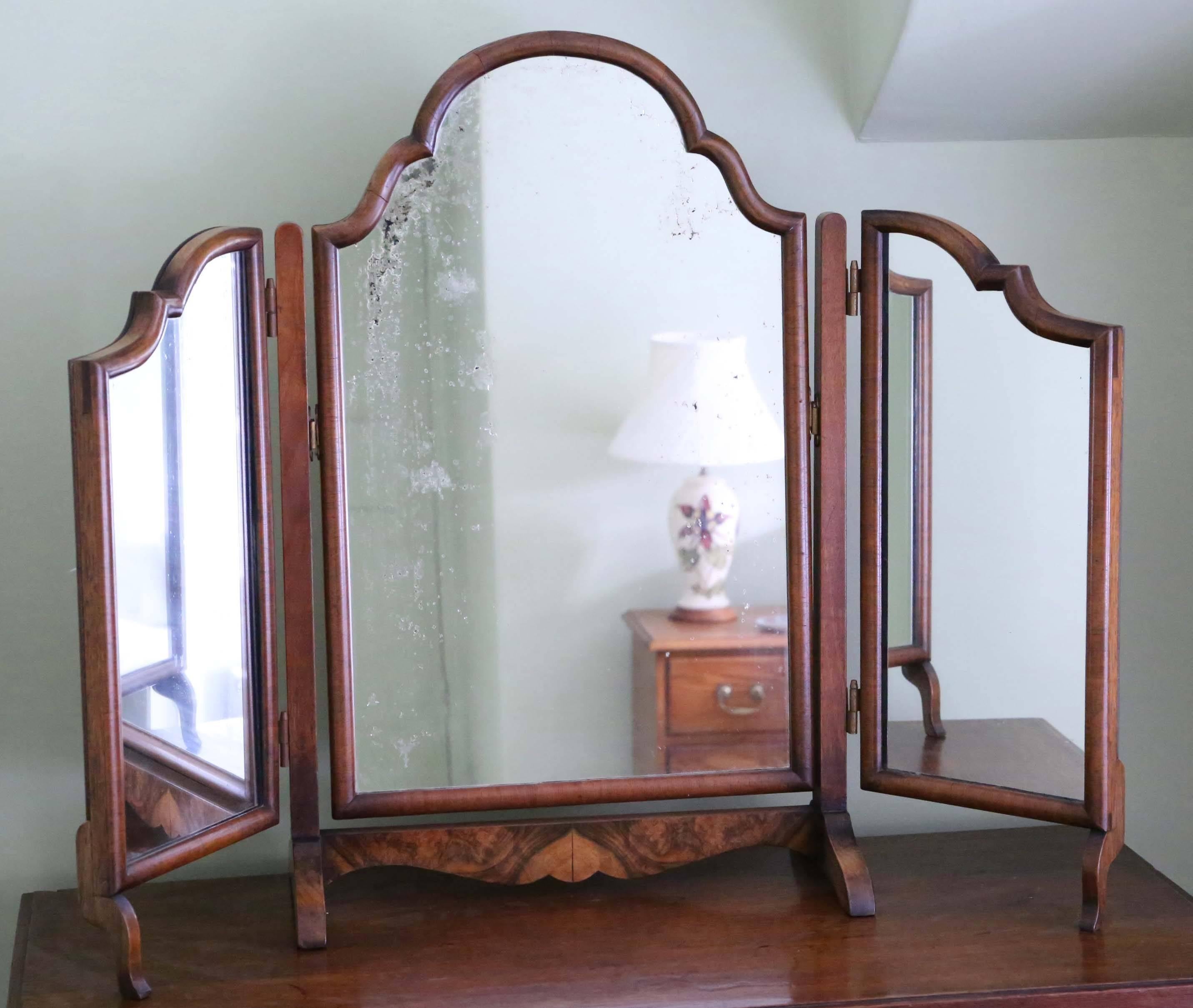 Antique Early 20c Walnut Dressing Table Triple Tryptich Mirror Toilet For Sale 1