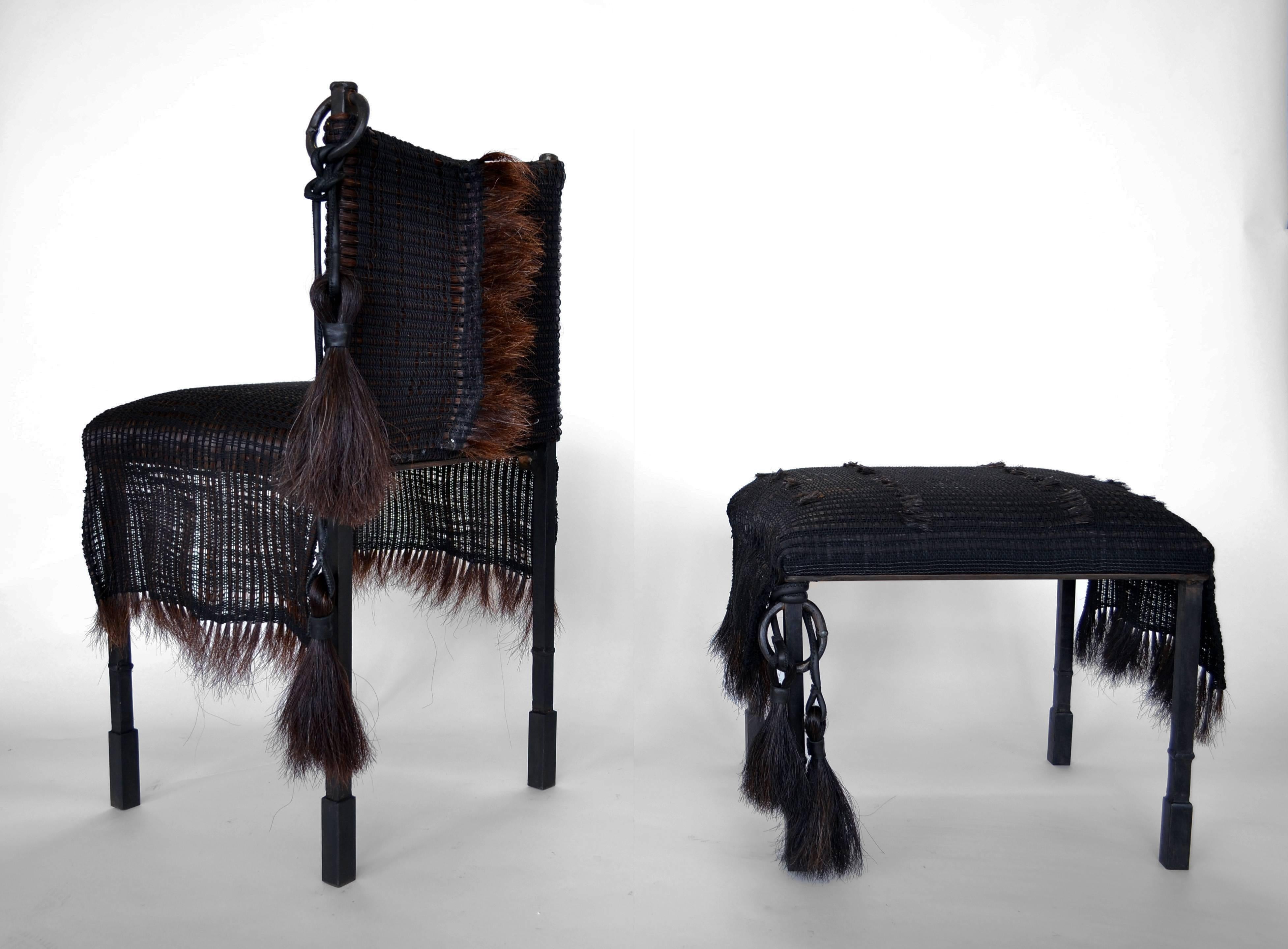 Bench, 2017
J.M. Szymanski
Horse hair textile, iron and linen
Measure: 33” H x 15” W x 17” D 

Horse-hair textile and blackened iron are combined to form a dynamic juxtaposition of elements. The artists attempt to evoke the history of two unique