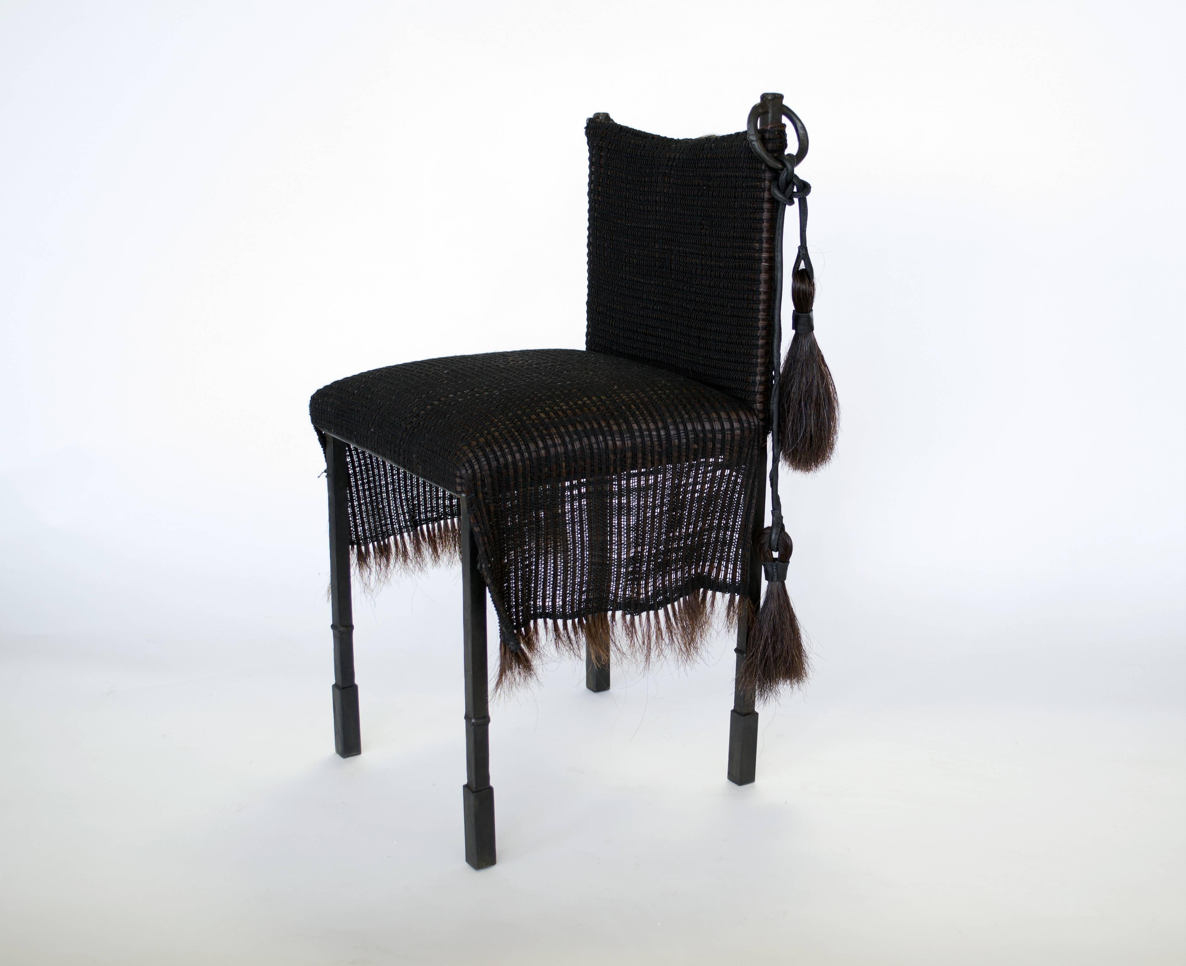 Chair, 2017
Alexandra Kohl & J.M. Szymanski
Horse hair textile, iron and linen
Measures: 33” H, 15” W, 17” D 

Horse-hair textile and blackened iron are combined to form a dynamic juxtaposition of elements. The artists attempt to evoke the