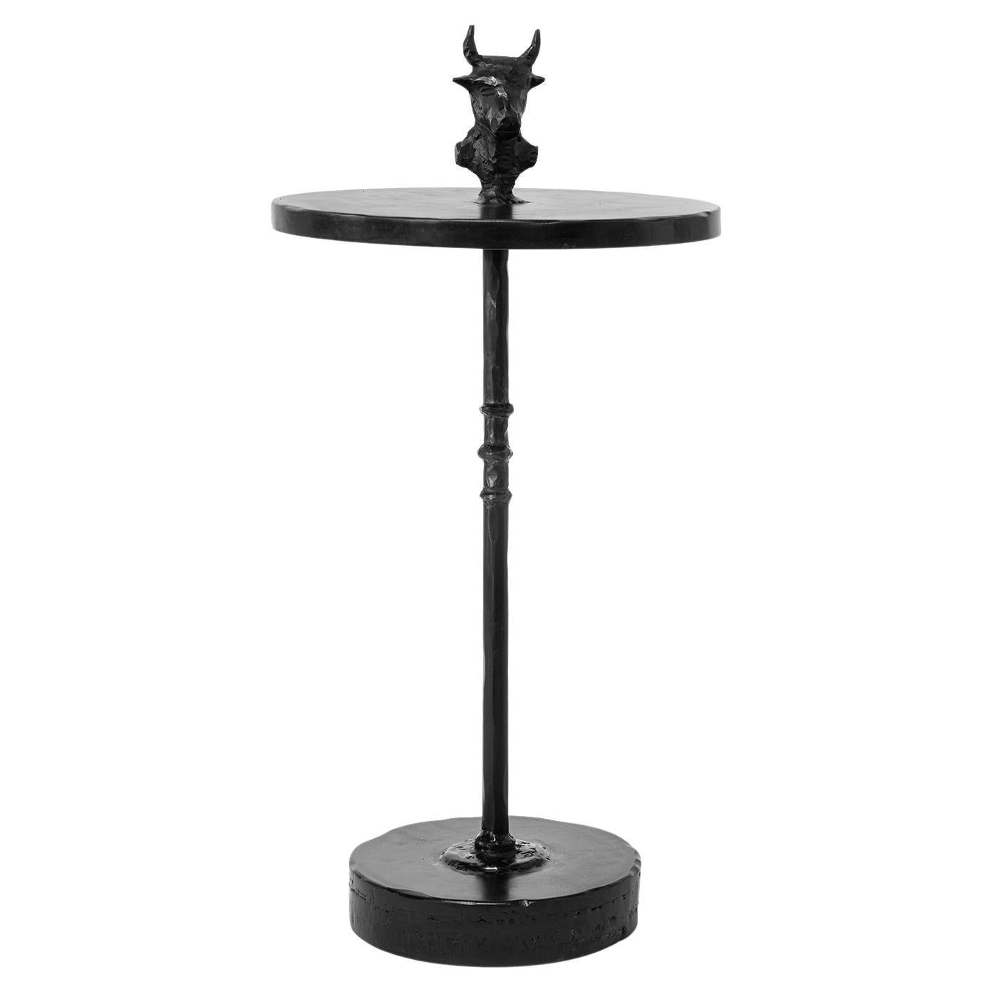 Cocktail Table Modern Hand-Shaped Round Handmade Blackened and Waxed Steel For Sale 1
