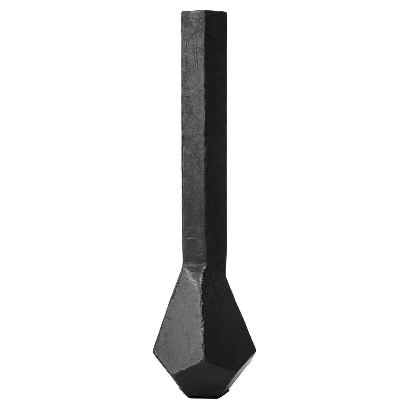 Geometric Vessel Sculpture Contemporary Stark Rough Carved Blackened Waxed Iron