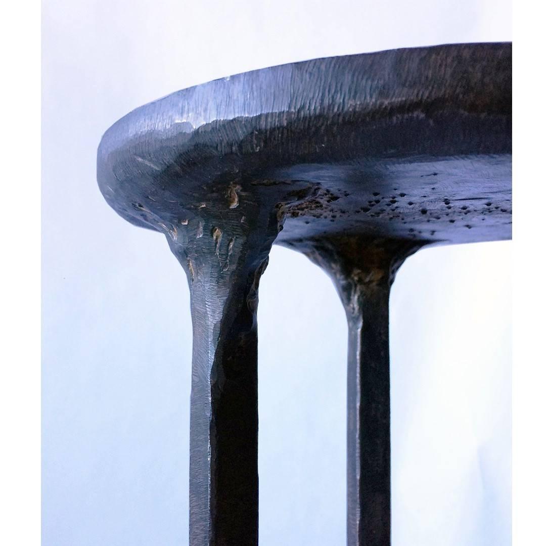 Forged Cocktail Table Pair Modern Hand-Shaped Round Handmade Blackened and Waxed Steel  For Sale