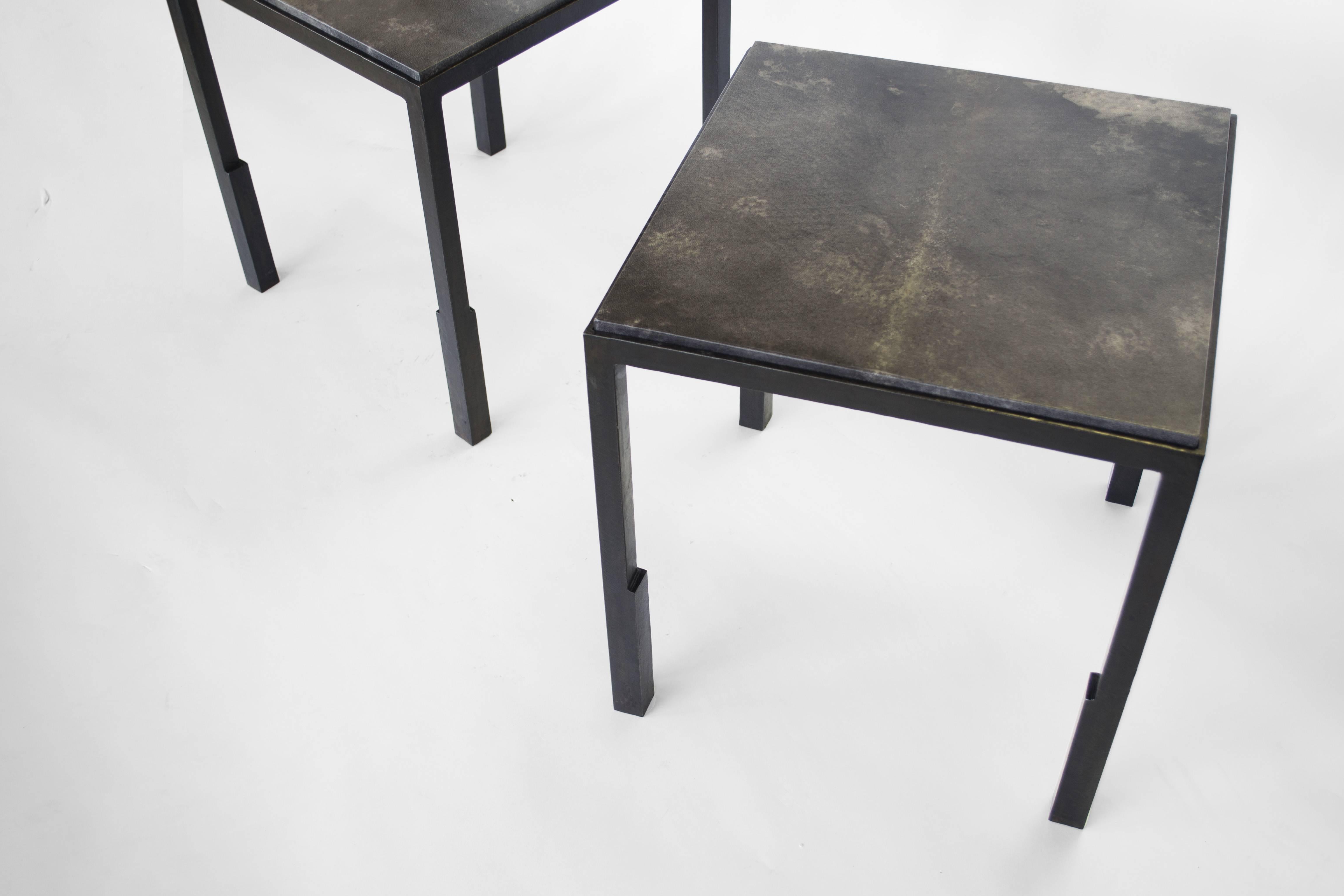 American Parchment Side Table Modern Geometric Stark Thick Handmade Blackened Steel Waxed