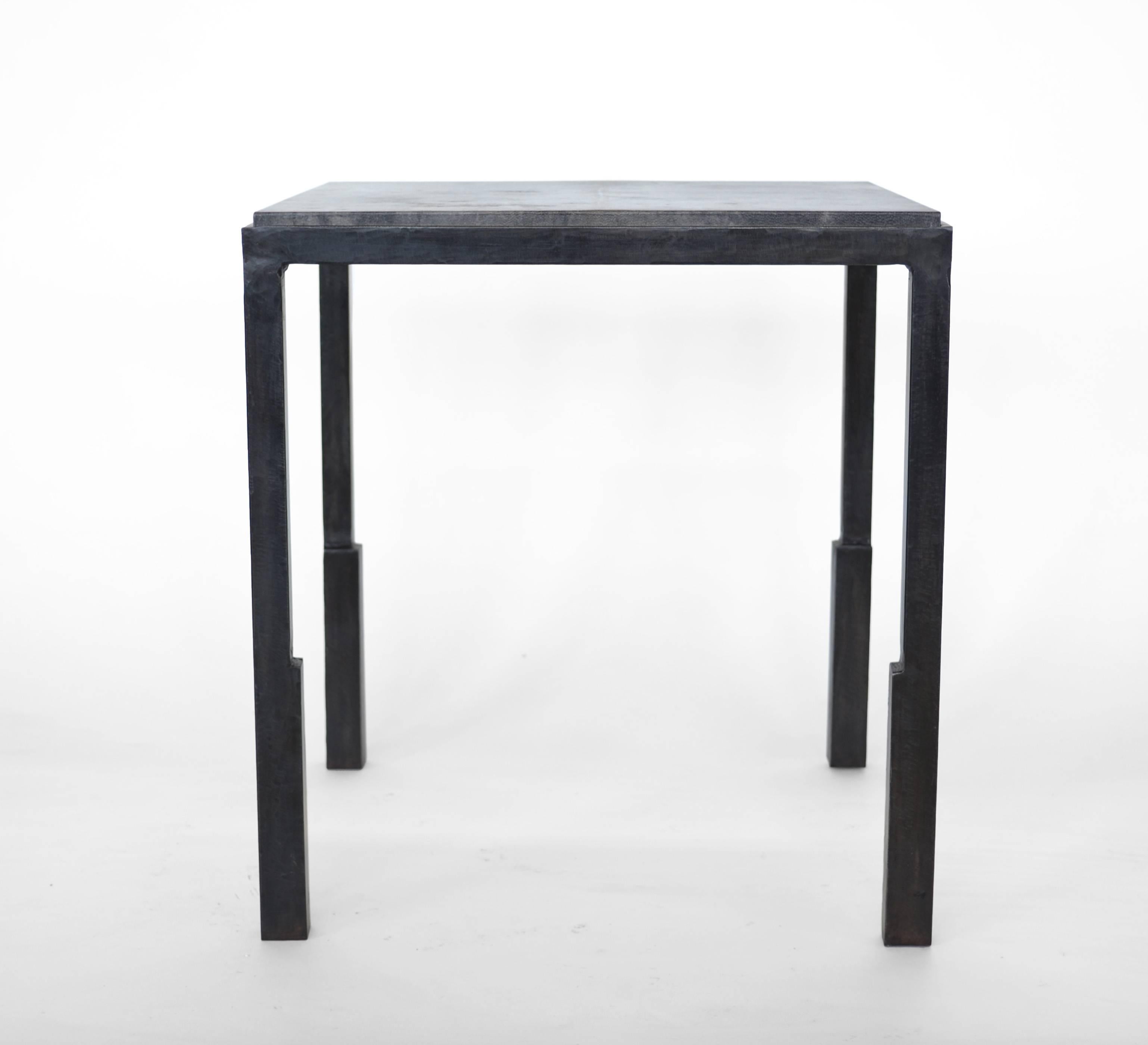 Carved Parchment Side Table Modern Geometric Stark Thick Handmade Blackened Steel Waxed