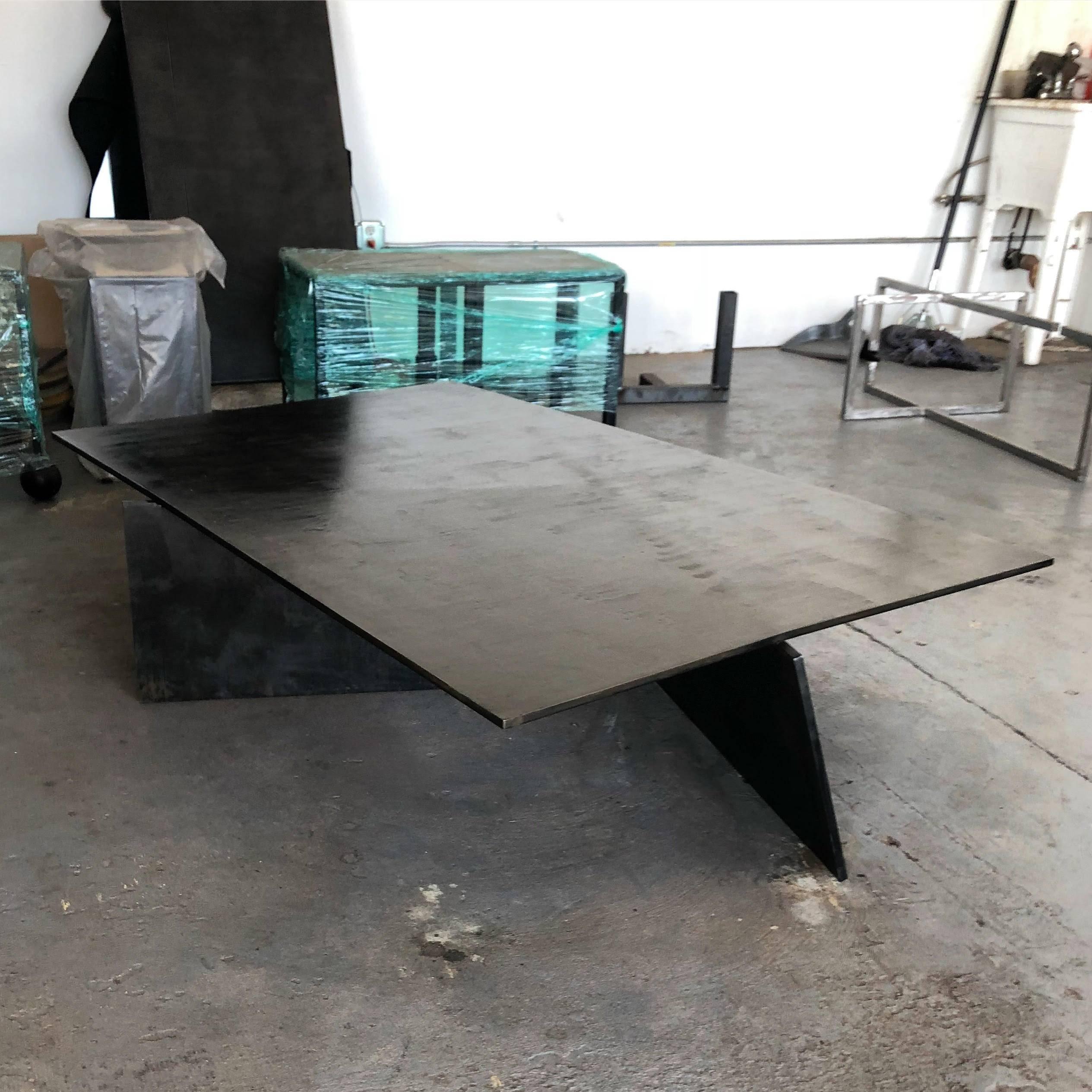 Contemporary Coffee Table Modern Geometric Planes Angles Balanced Handmade Blackened Steel For Sale