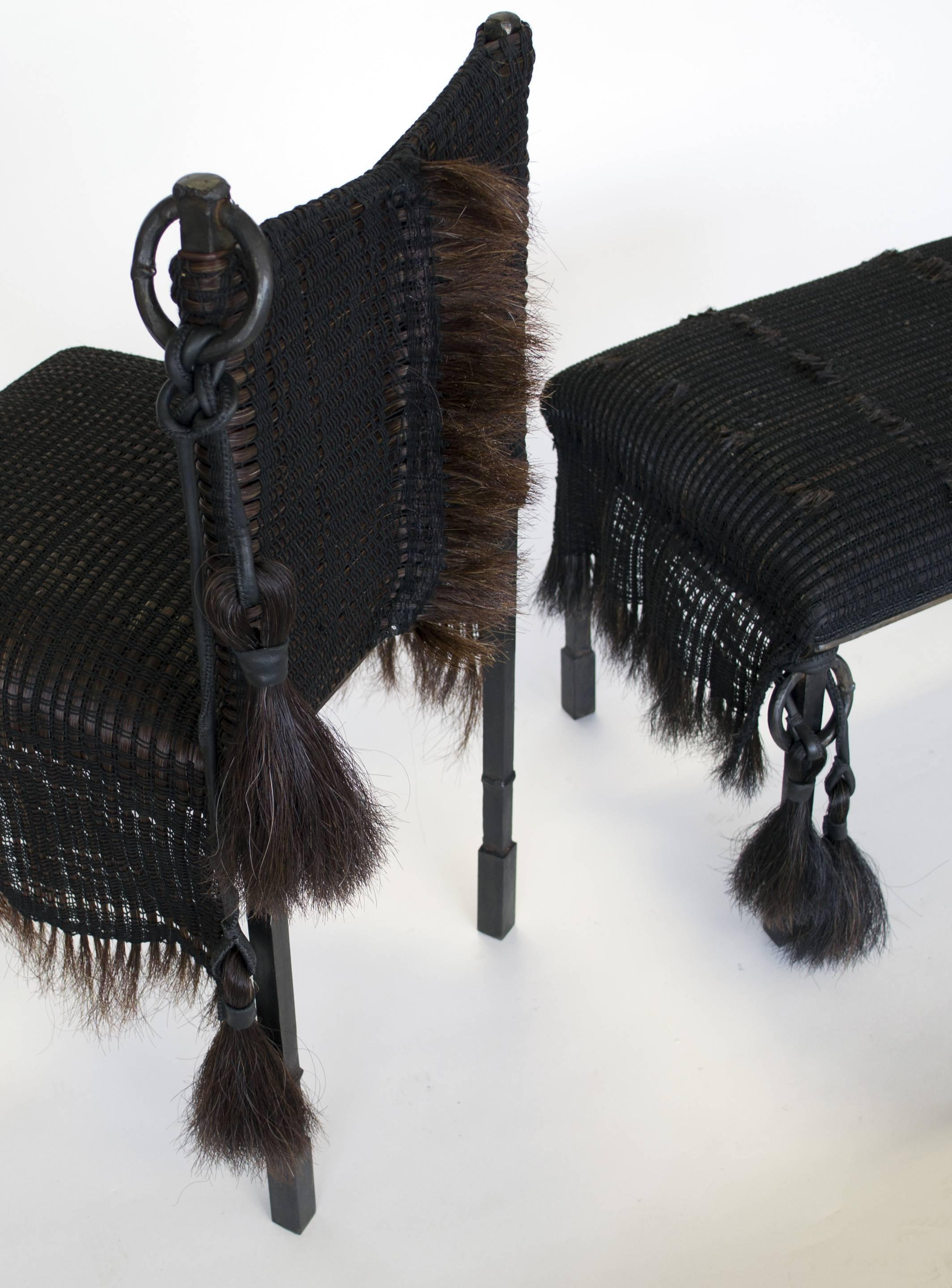 Blackened Modern Medieval Handmade Horsehair, Iron Bench/Stool Designed by J.M. Szymanski