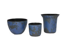 Contemporary Marbled Ceramic Vase Pearlescent Blue and Black, Handmade