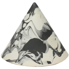 Sculpture Marbled Geometric Cone Object in Black and White Handmade