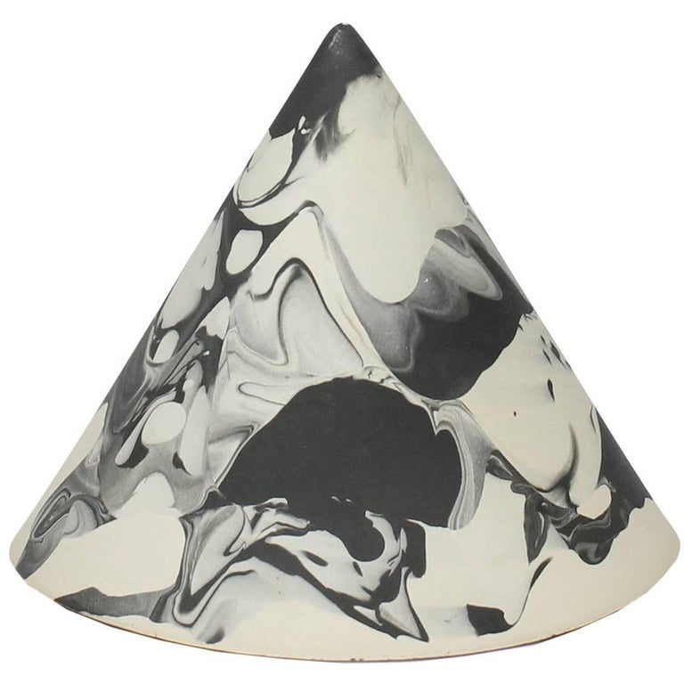 Sculpture Marbled Geometric Cone Object in Black and White Handmade For Sale
