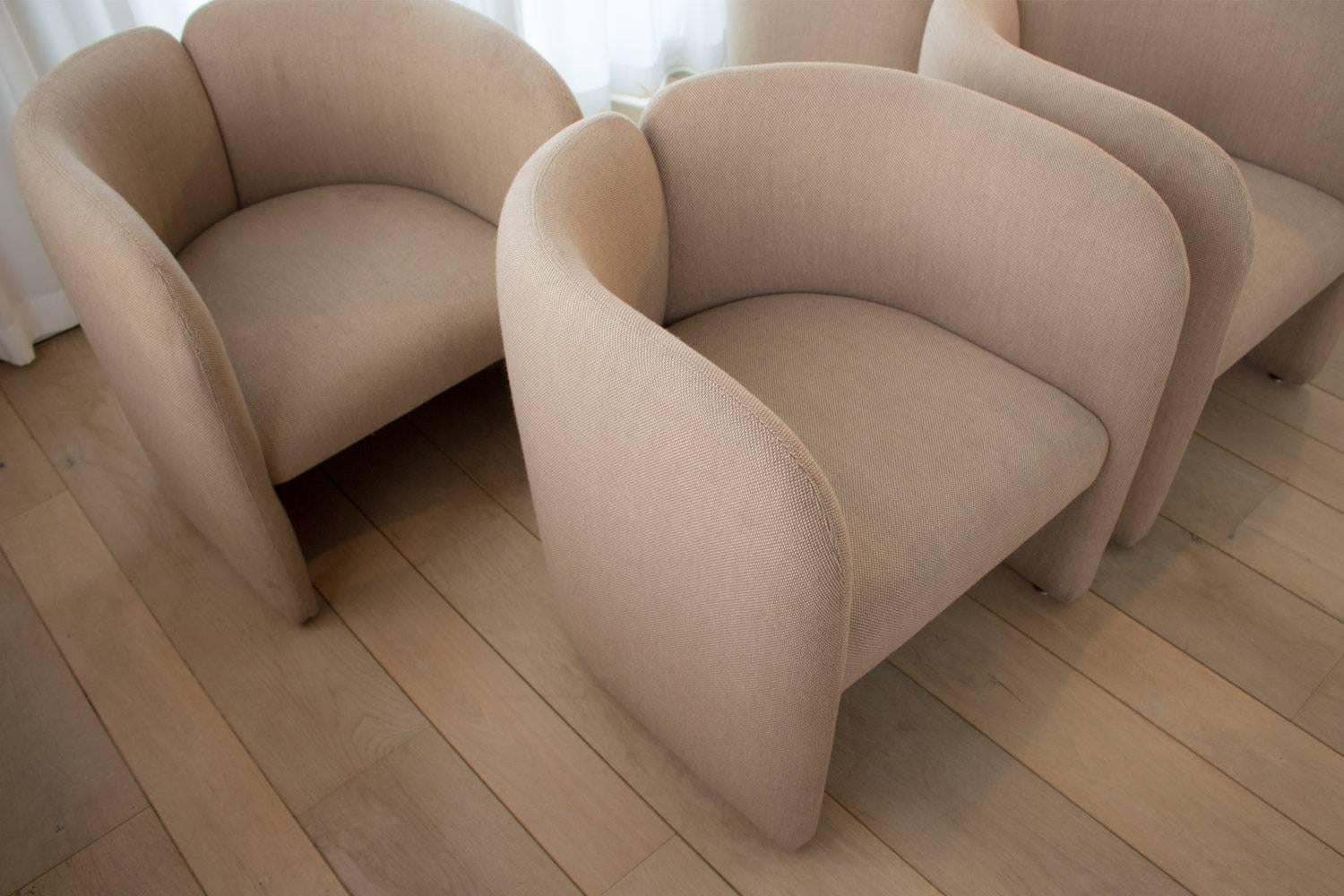 These beautiful champagne colored club chairs are a Bulo Belgium design from the 1980s. The chairs are upholstered in a soft and durable wool fabric.
The condition is impeccable, no stains or signs of wear. Imprinted by the designer underneath the