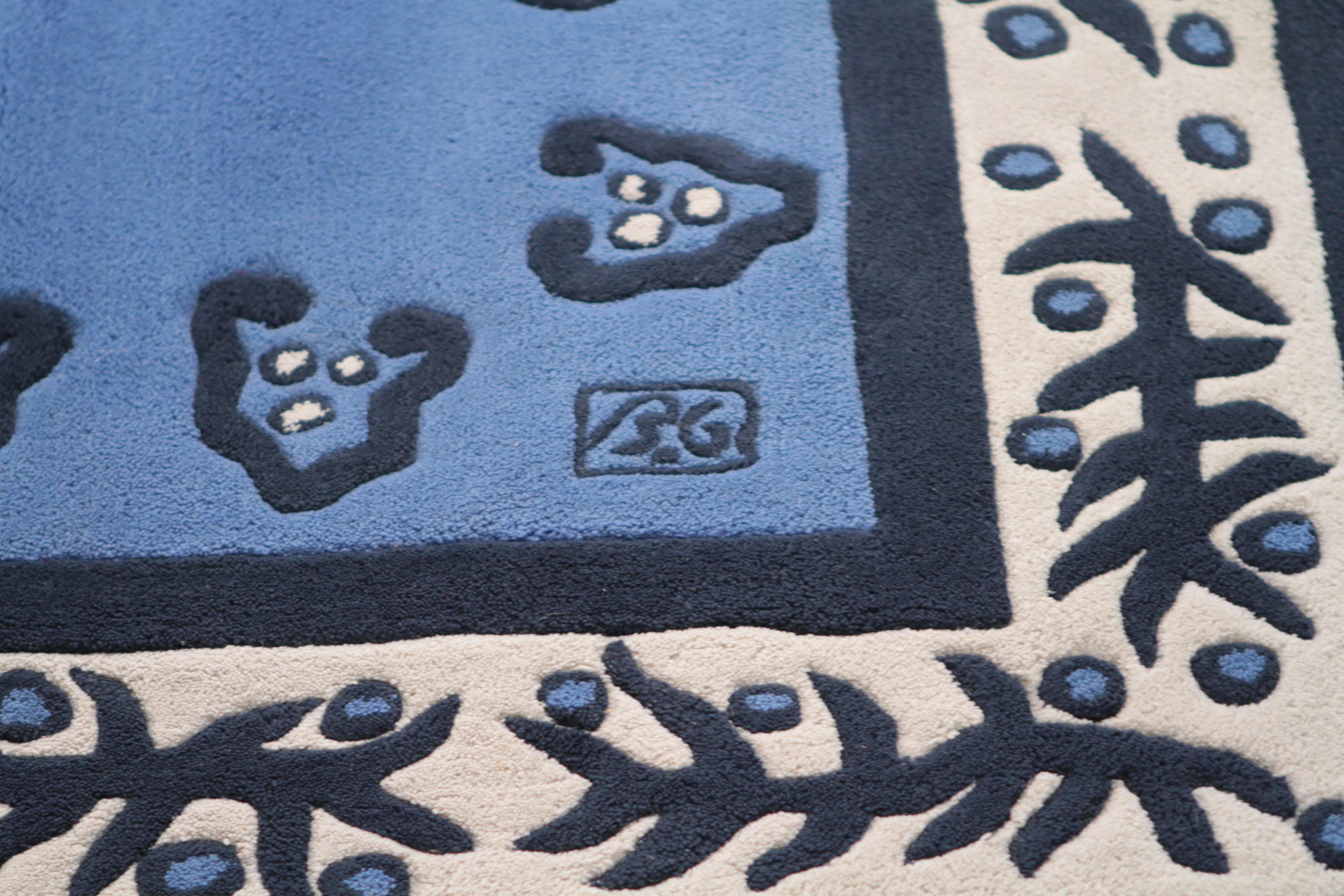 Modern Blue Tufted Wool Rug by E. Garouste et M. Bonetti, 1990s