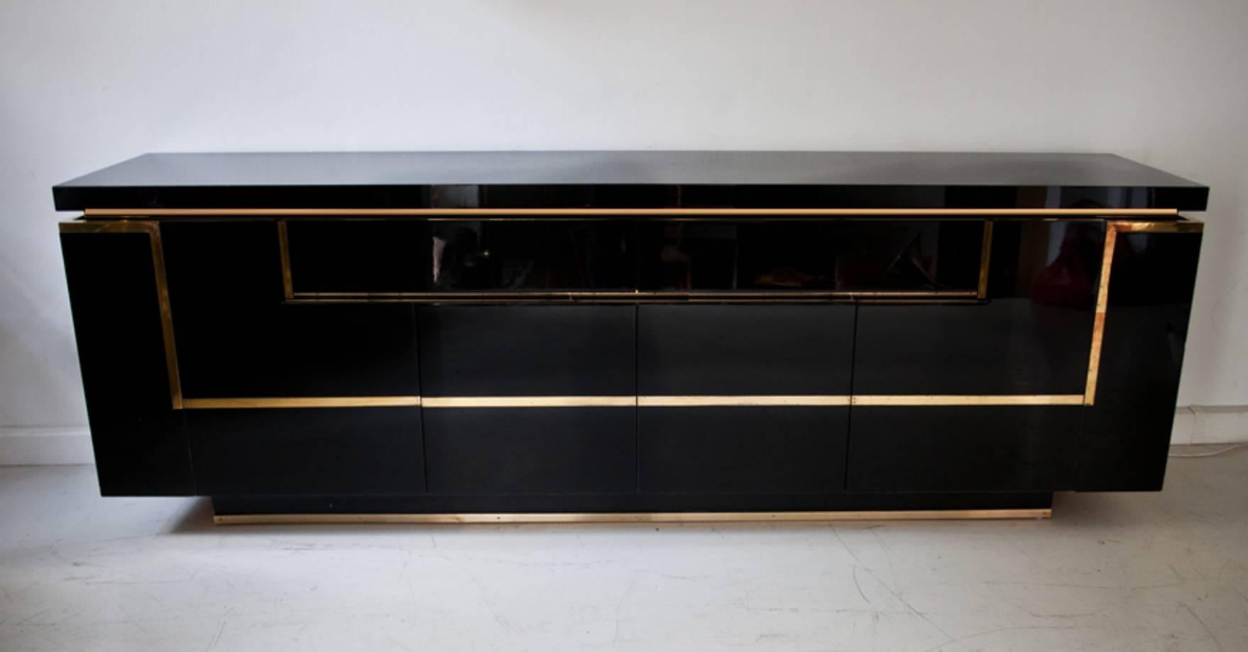 Mid-Century Modern Extra Large Lacquered and Brass Sideboard JC Mahey, 1970s