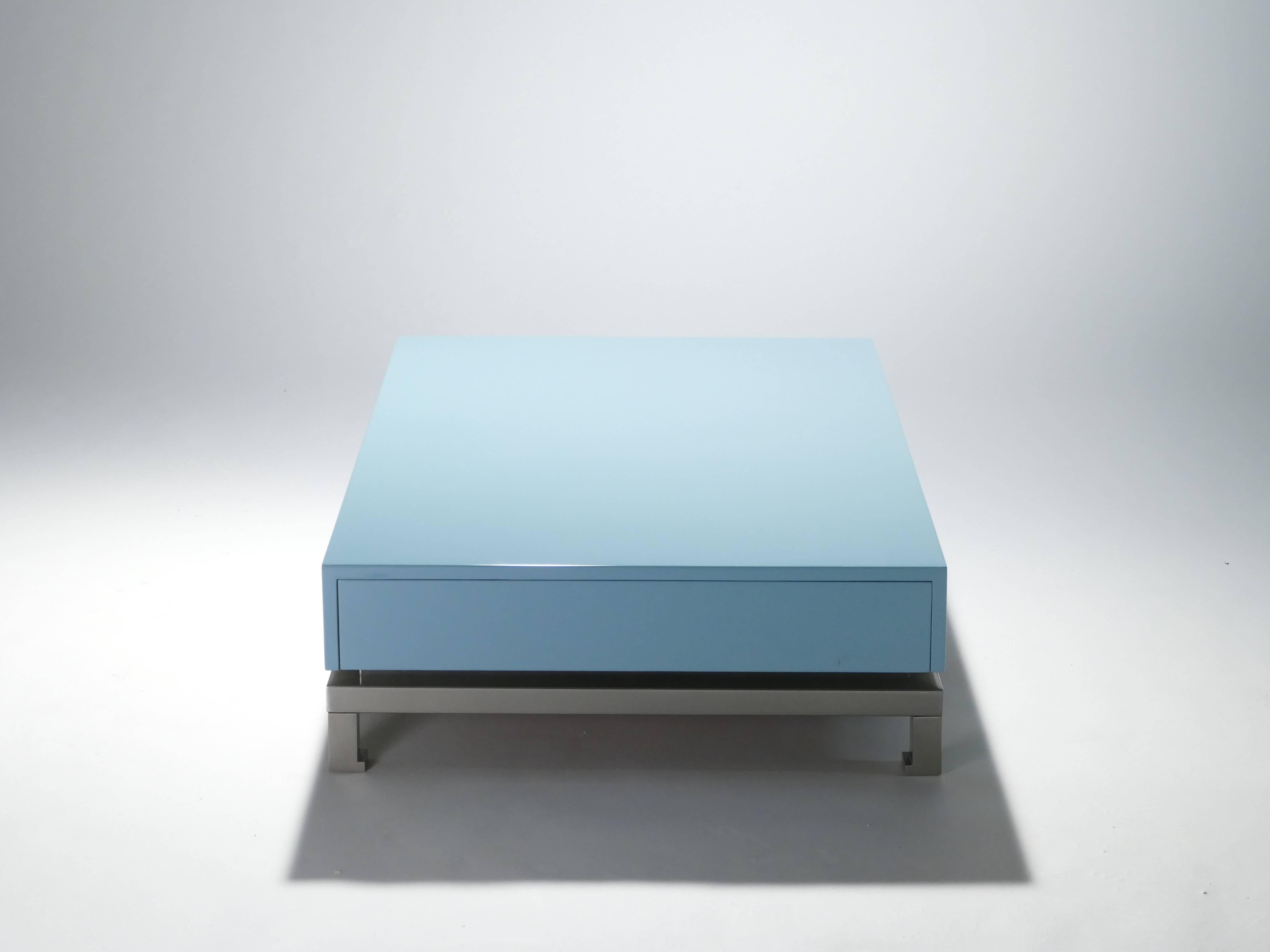 French Guy Lefevre Blue Lacquer Coffee Table, 1970s