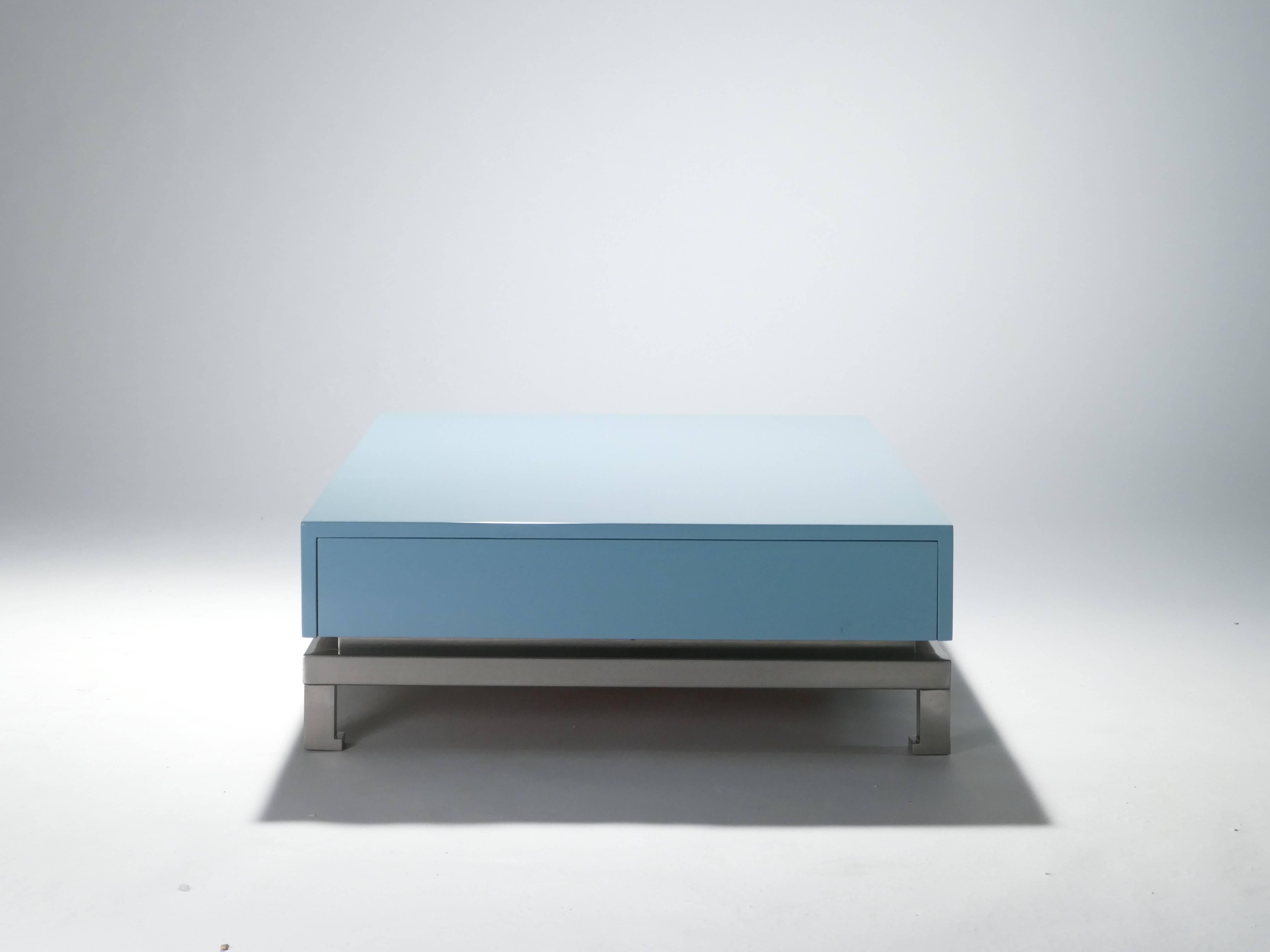 Lacquered Guy Lefevre Blue Lacquer Coffee Table, 1970s