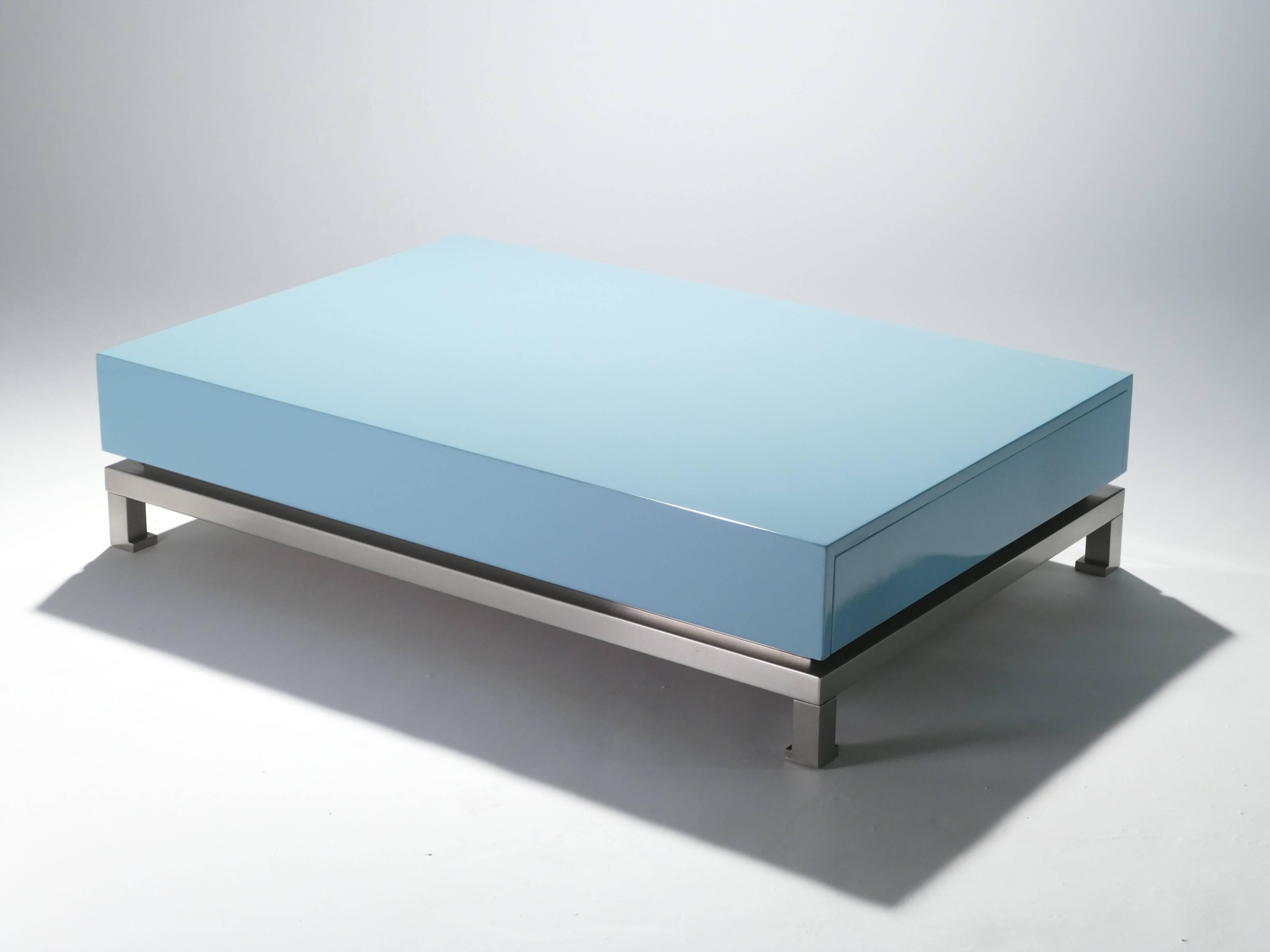 Mid-Century Modern Guy Lefevre Blue Lacquer Coffee Table, 1970s