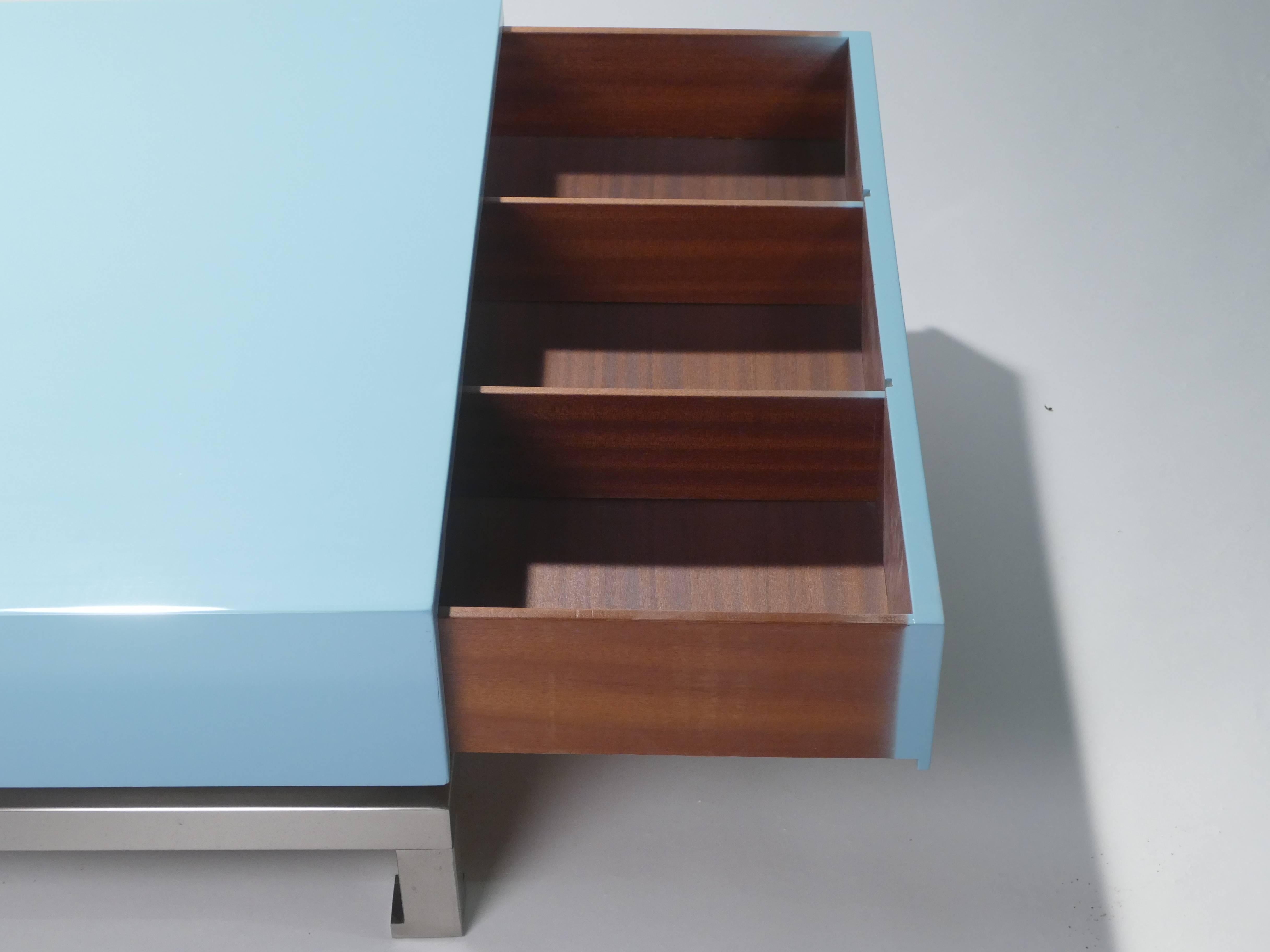 Wood Guy Lefevre Blue Lacquer Coffee Table, 1970s