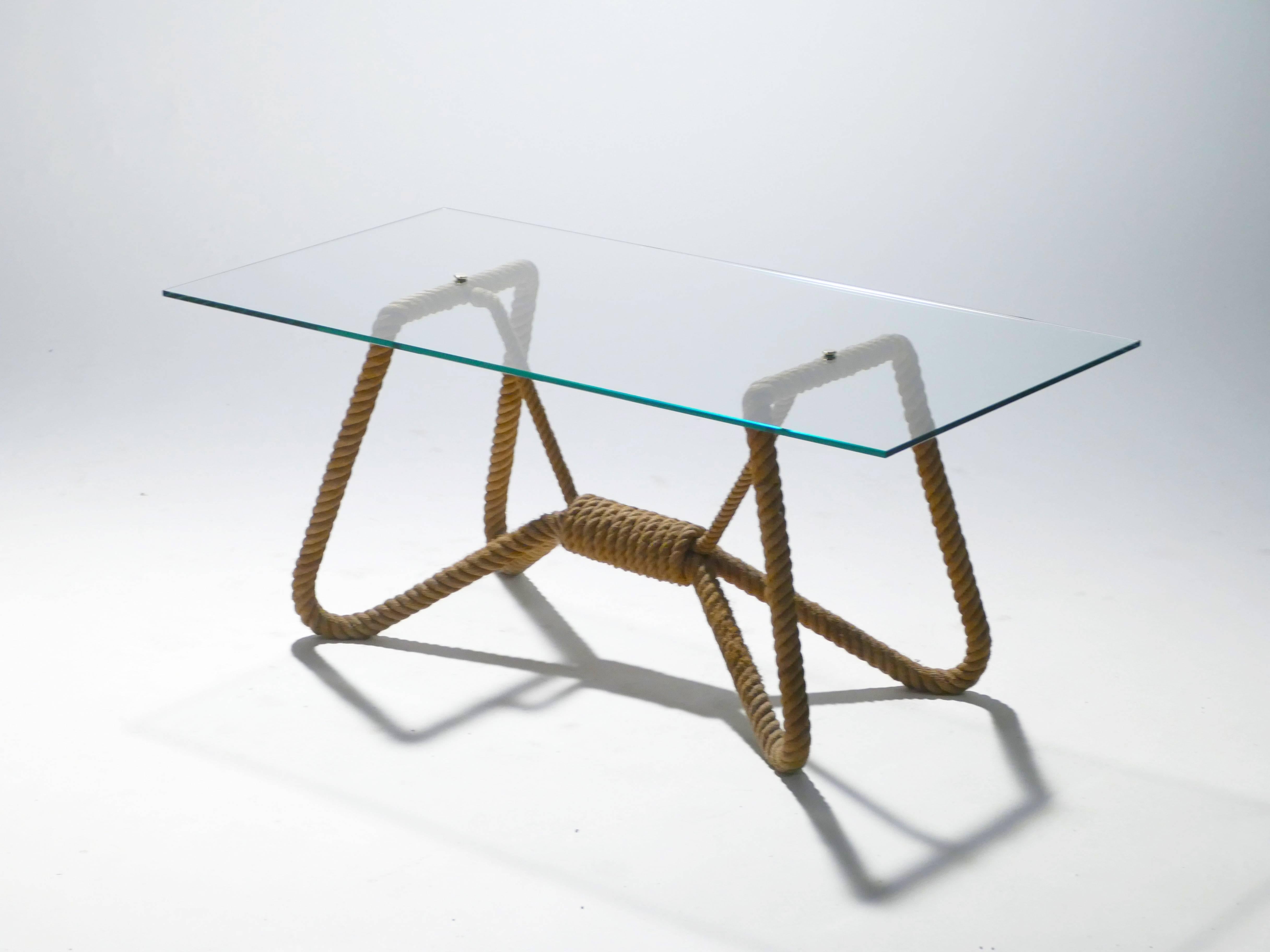 Mid-20th Century Audoux Minet Rope and Glass Coffee Table, 1960s