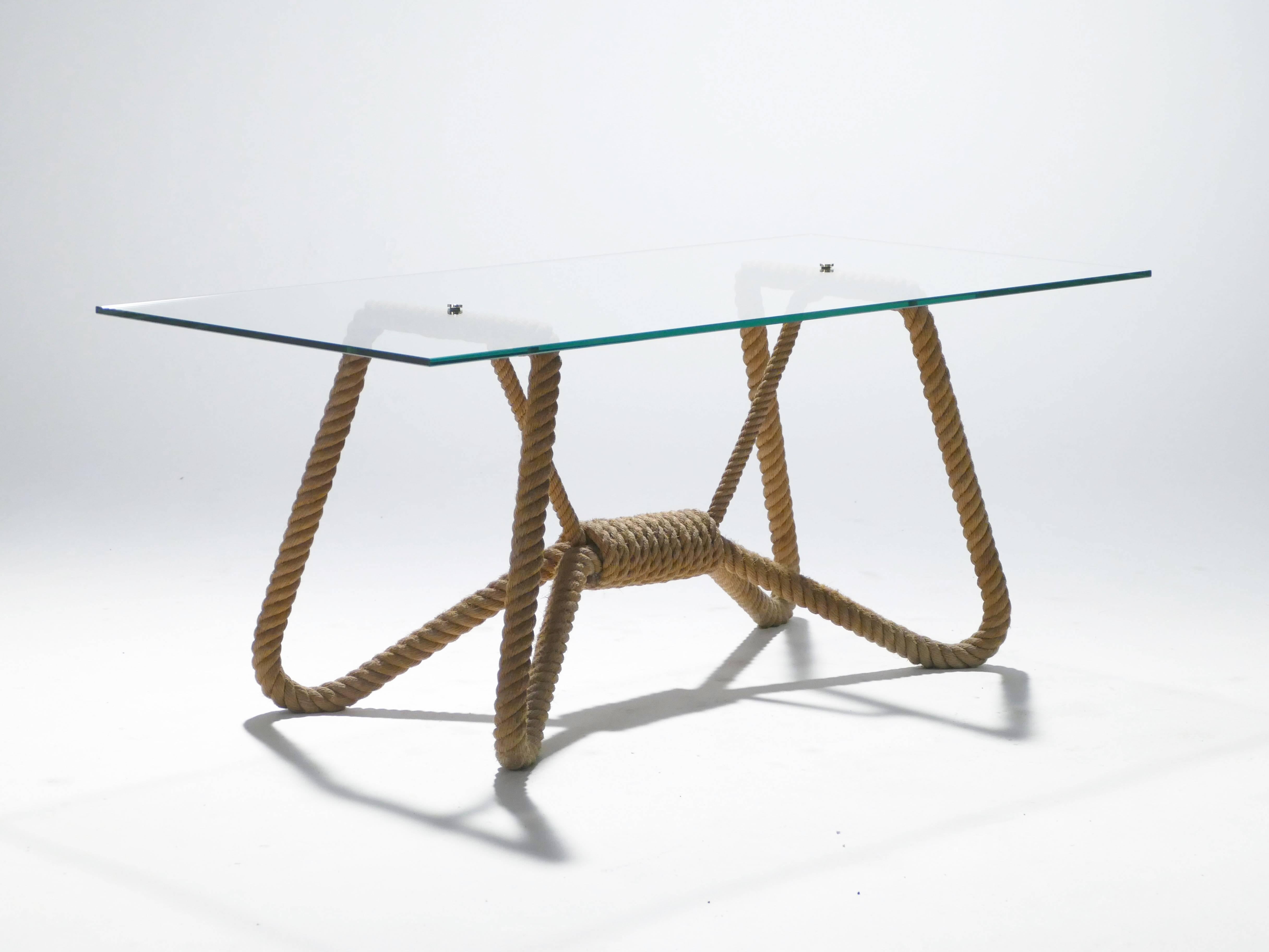 French Audoux Minet Rope and Glass Coffee Table, 1960s